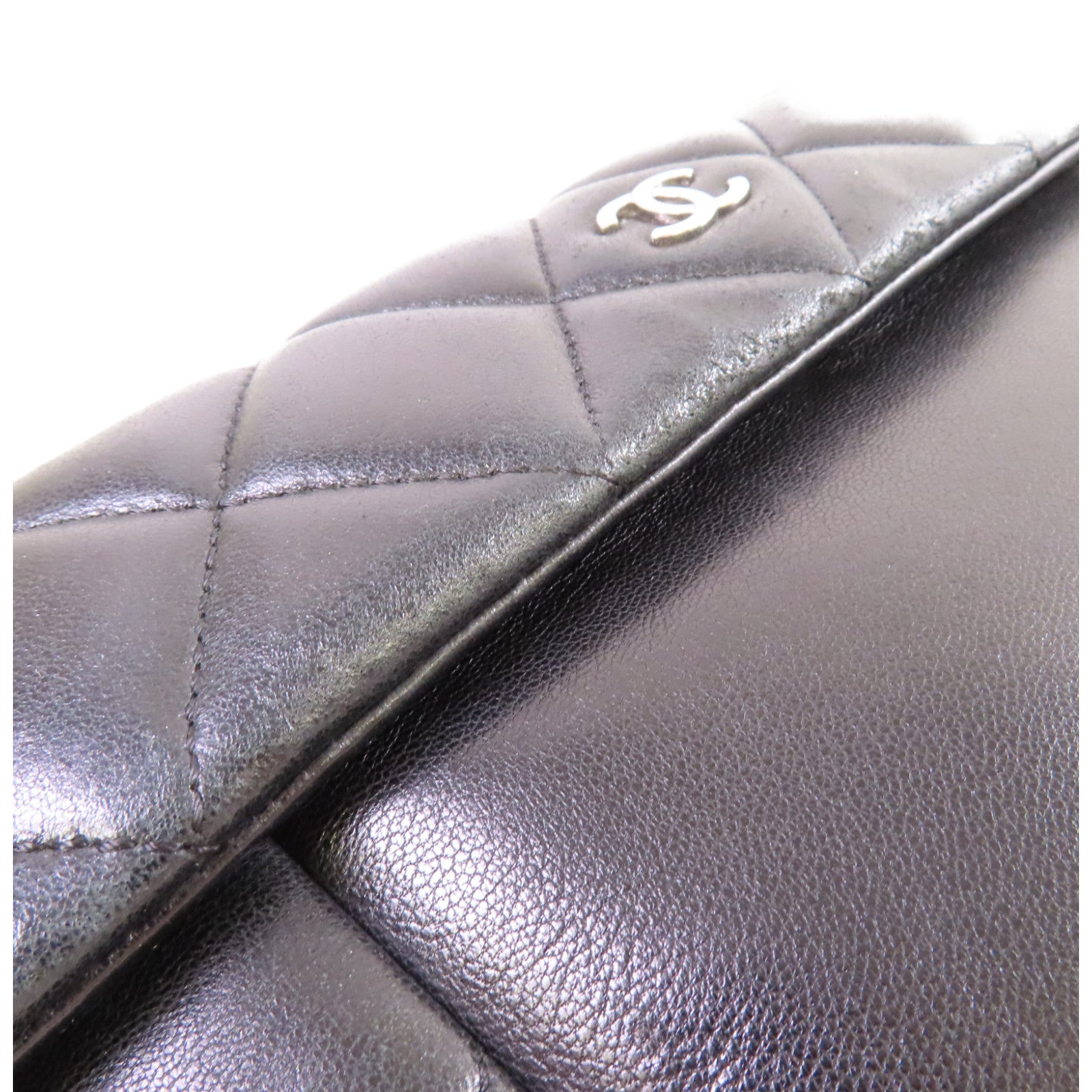 CHANEL 菱格羊皮皮革Chain Shoulder Bag銀扣鏈帶肩背袋黑色