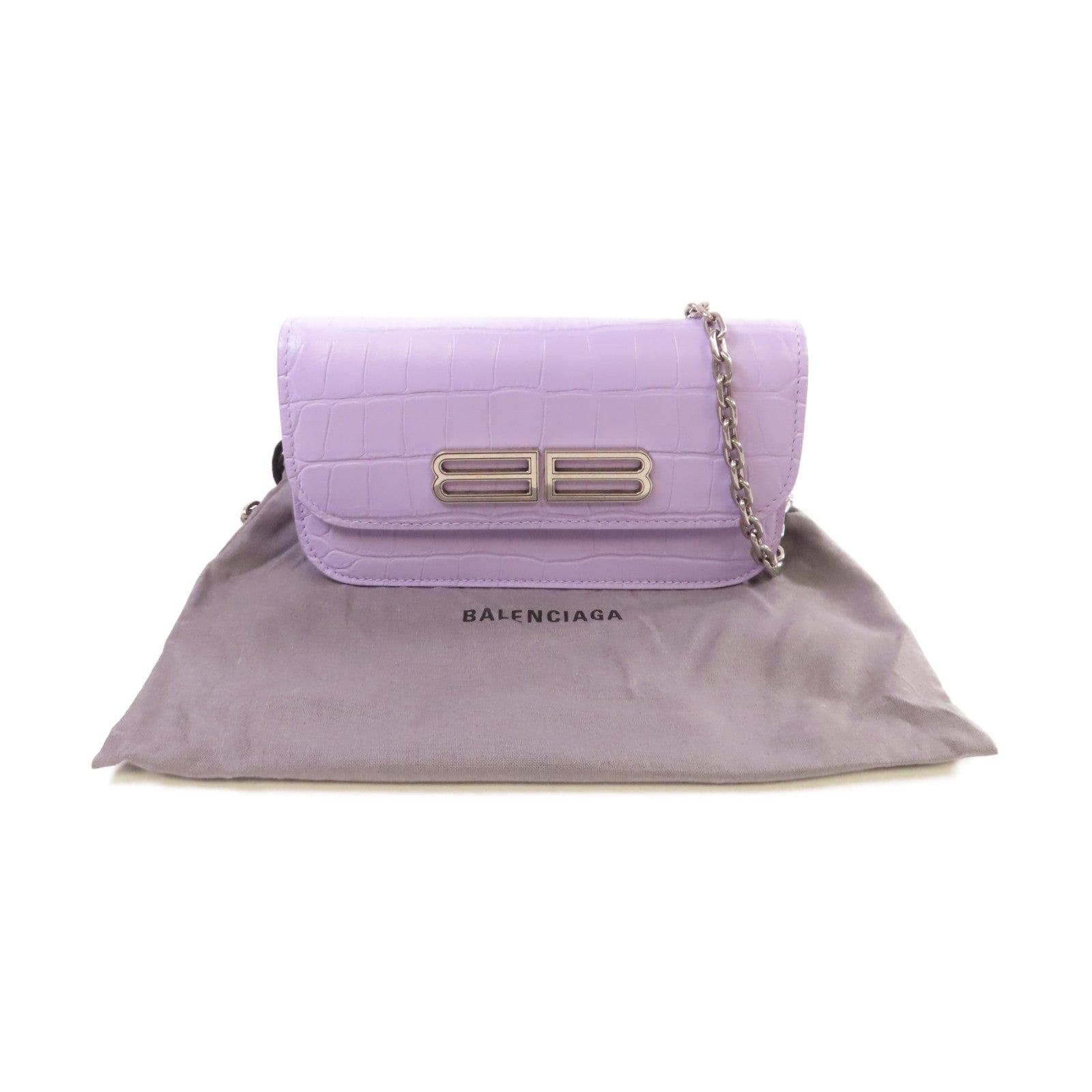BALENCIAGA 【激減優惠】牛皮皮革WOC Wallet On Chain Shoulder Bag銀扣鏈帶肩背袋紫色
