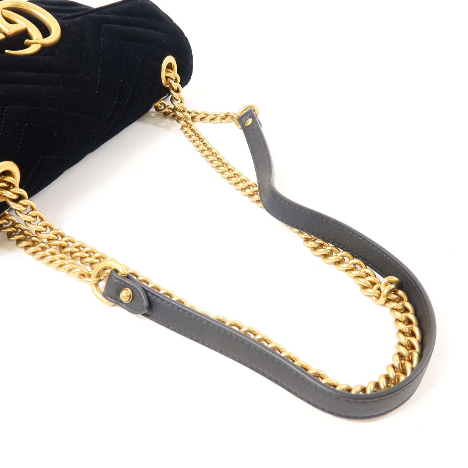 GUCCI 絨布GG Marmont金扣鏈帶肩背袋黑色