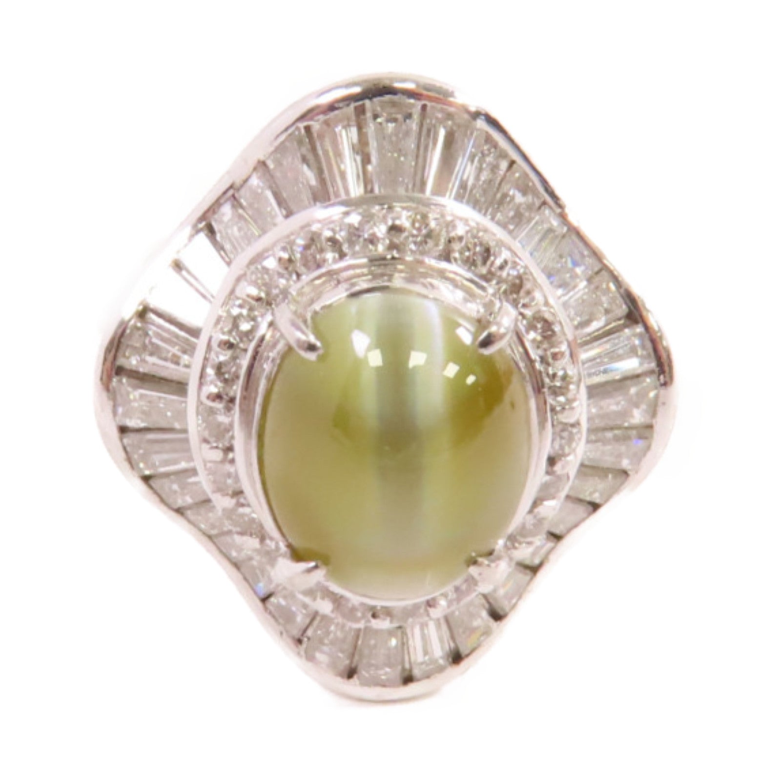 JEWELRY PT900鉑金/3.69ct貓眼石/1.52ct鑚石Cat's Eye Diamond Ring戒指US#5.5