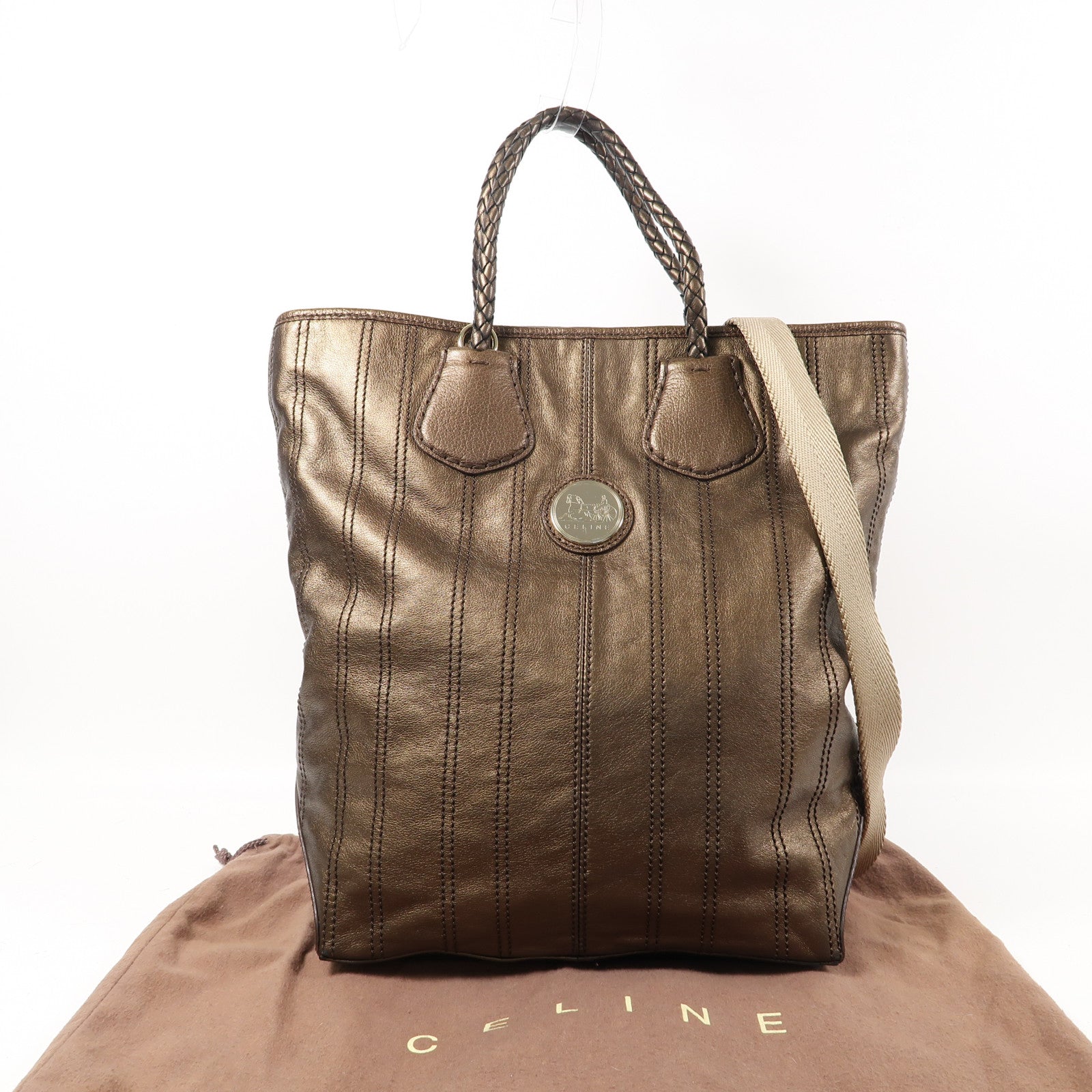 CELINE 【激減優惠】牛皮皮革2 Way Shoulder銀扣手挽肩背兩用袋啡色