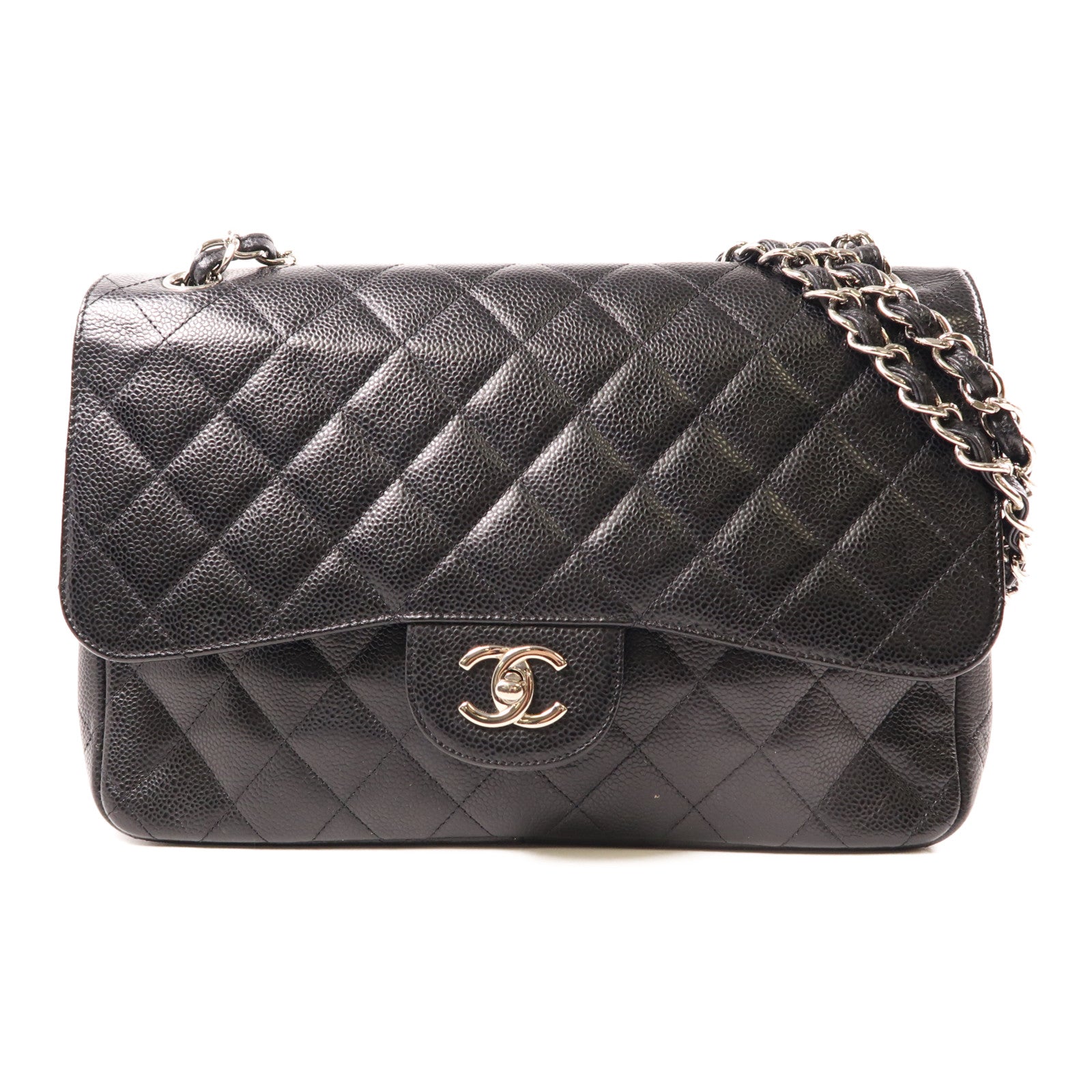 CHANEL 牛皮皮革Large Classic銀扣鏈帶肩背袋黑色