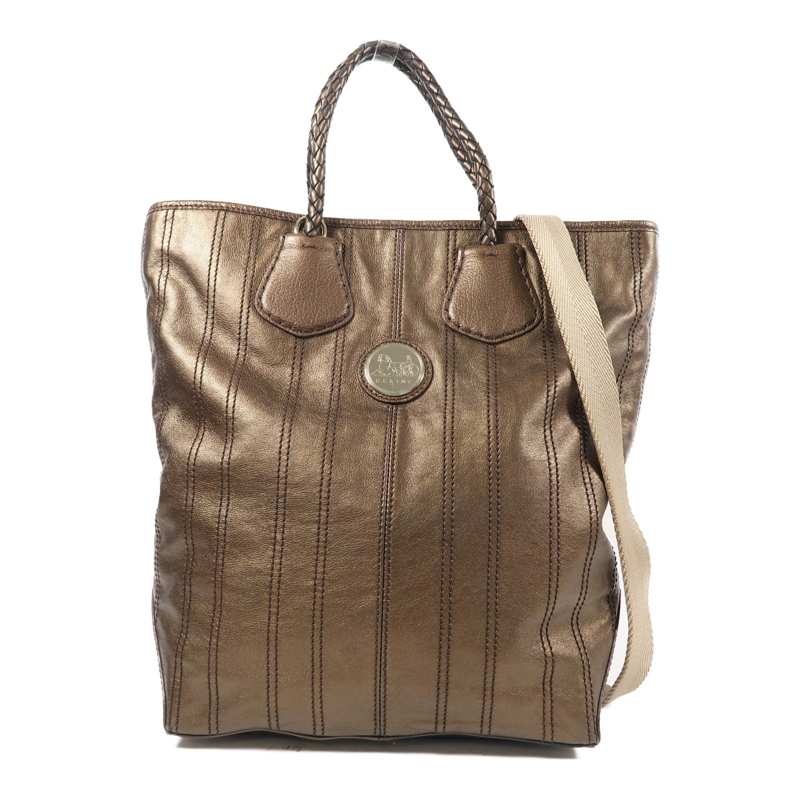 CELINE 【激減優惠】牛皮皮革2 Way Shoulder銀扣手挽肩背兩用袋啡色