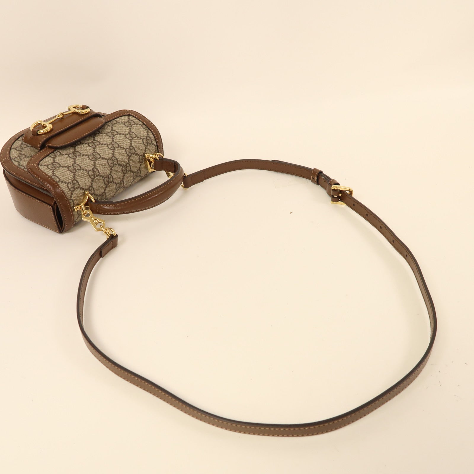 GUCCI 塗層帆布/牛皮皮革Horsebit 1955 Mini金扣手挽肩背兩用袋啡色
