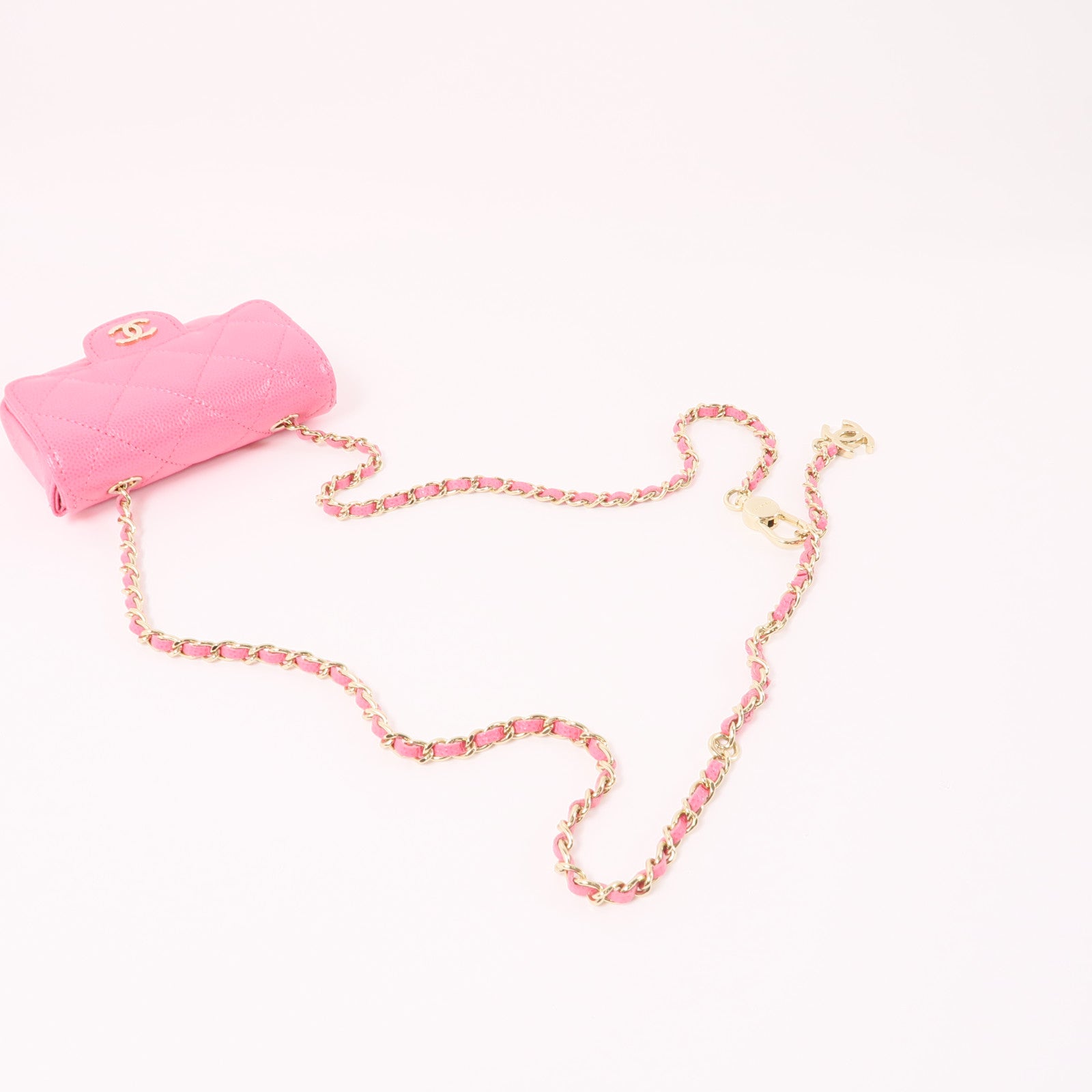 CHANEL 牛皮皮革Chain Waist Bag金扣腰包粉紅色