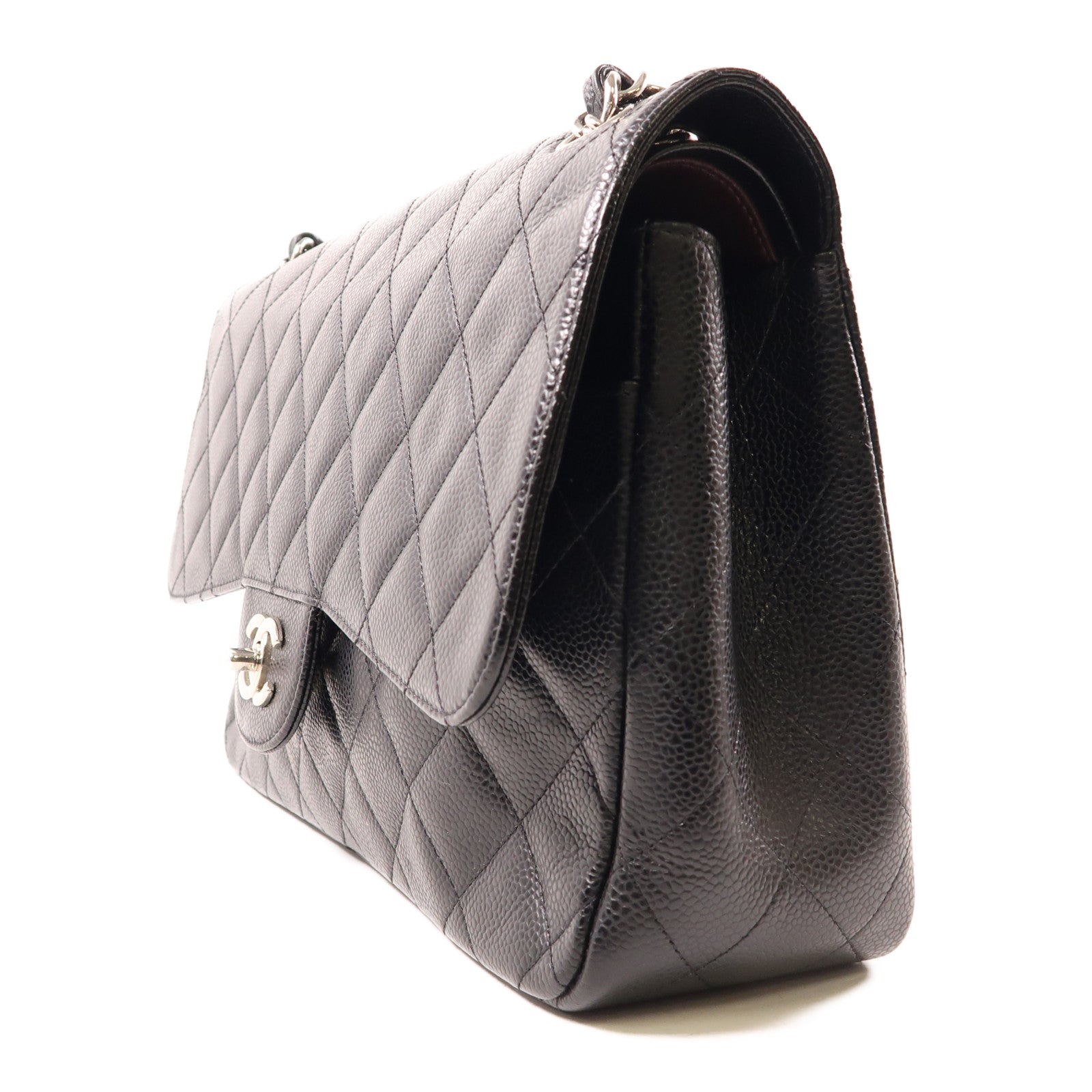 CHANEL 牛皮皮革Large Classic銀扣鏈帶肩背袋黑色