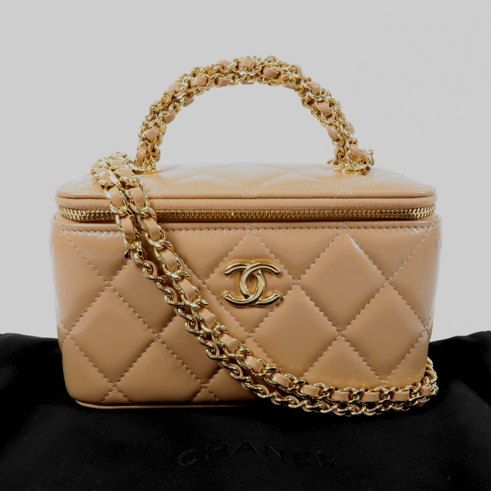 CHANEL 羊皮皮革Vanity Case金扣鏈帶手挽肩背兩用袋