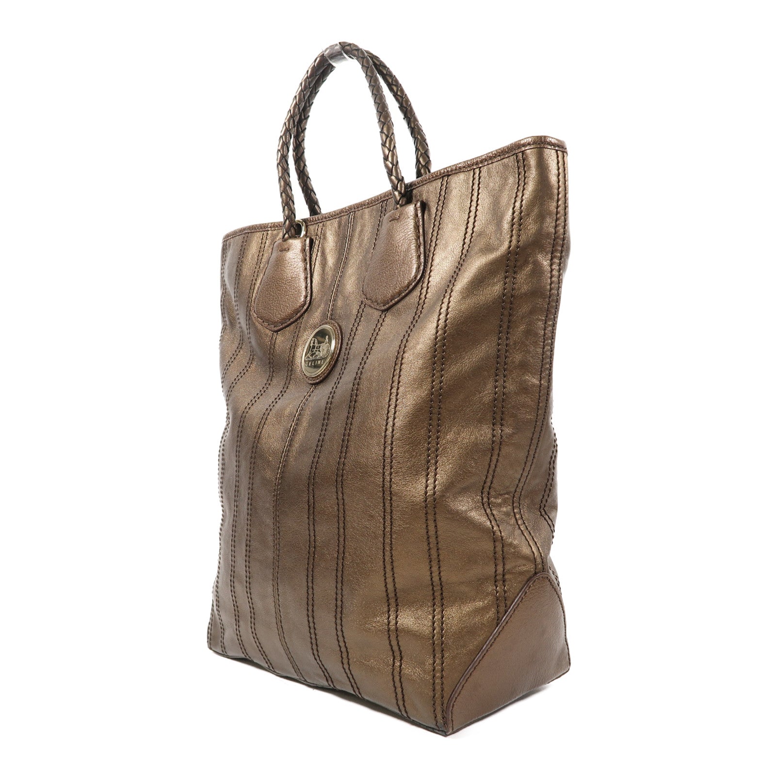 CELINE 【激減優惠】牛皮皮革2 Way Shoulder銀扣手挽肩背兩用袋啡色