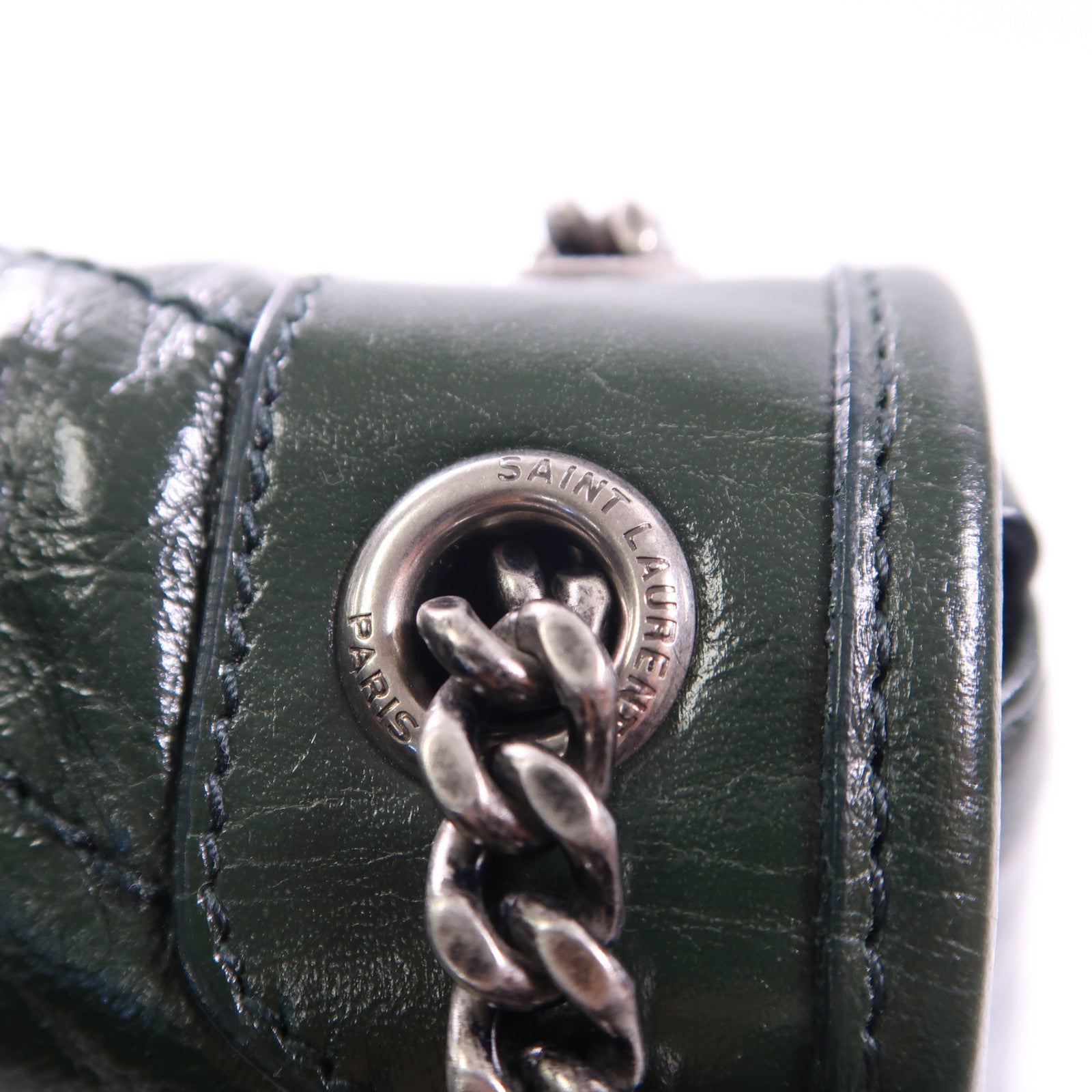 SAINT LAURENT 牛皮皮革Mini Niki Chain Shoulder Bag銀扣鏈帶肩背袋綠色
