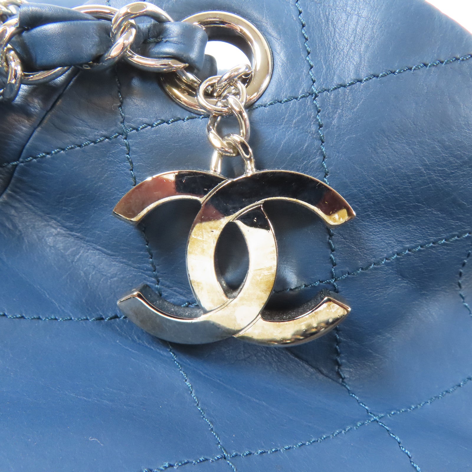 CHANEL 【激減優惠】菱格牛皮皮革Shoulder Bag銀扣鏈帶肩背袋藍色