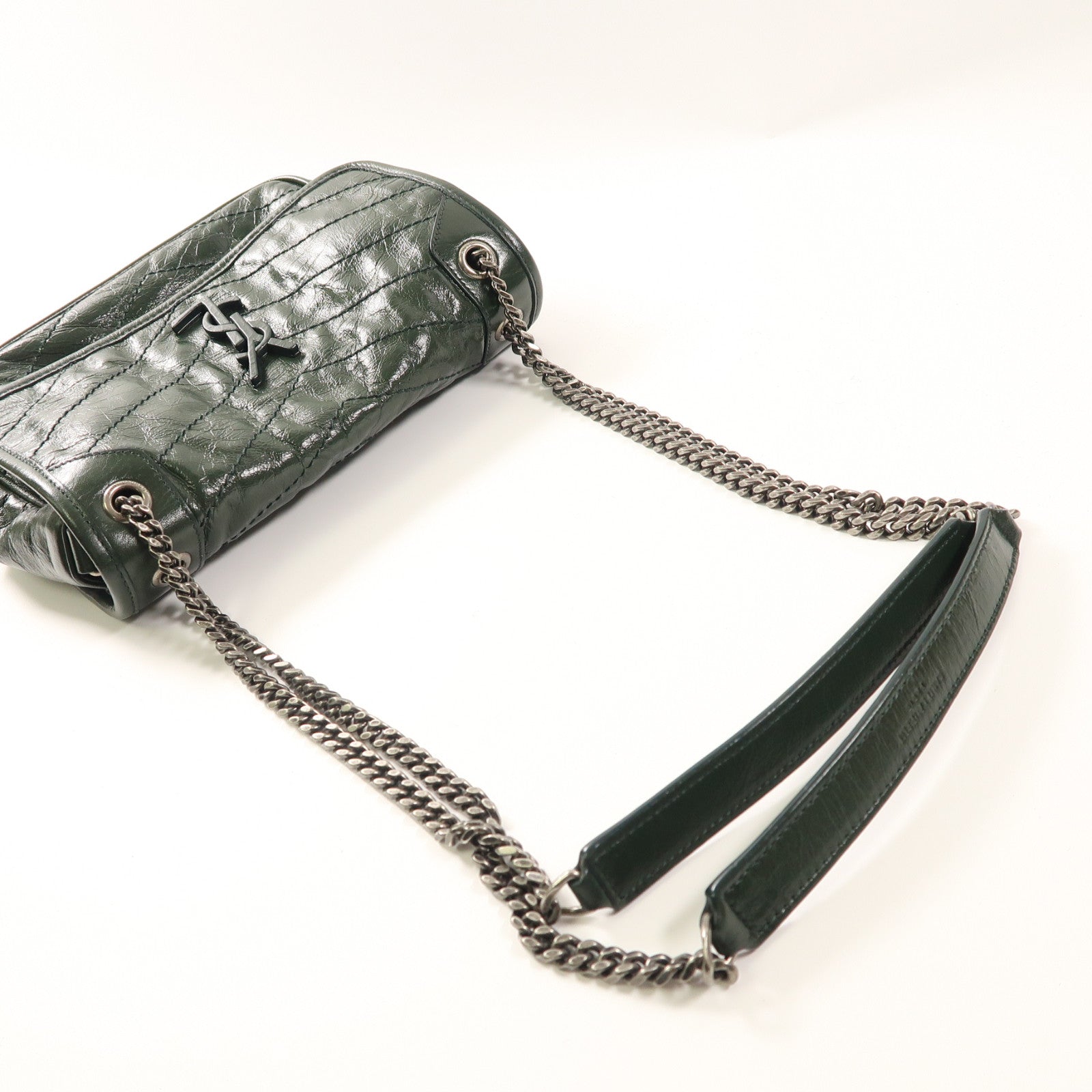 SAINT LAURENT 牛皮皮革Mini Niki Chain Shoulder Bag銀扣鏈帶肩背袋綠色