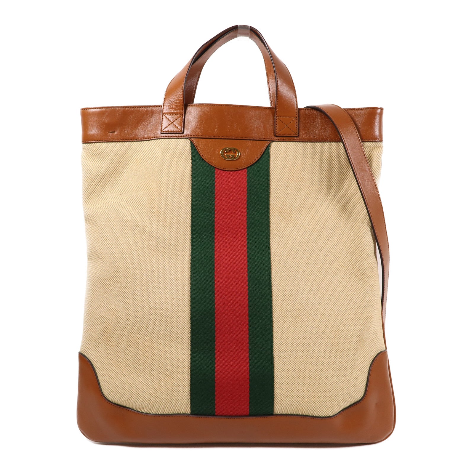 GUCCI 帆布Sherry Line Vintage金扣手挽肩背兩用袋啡色