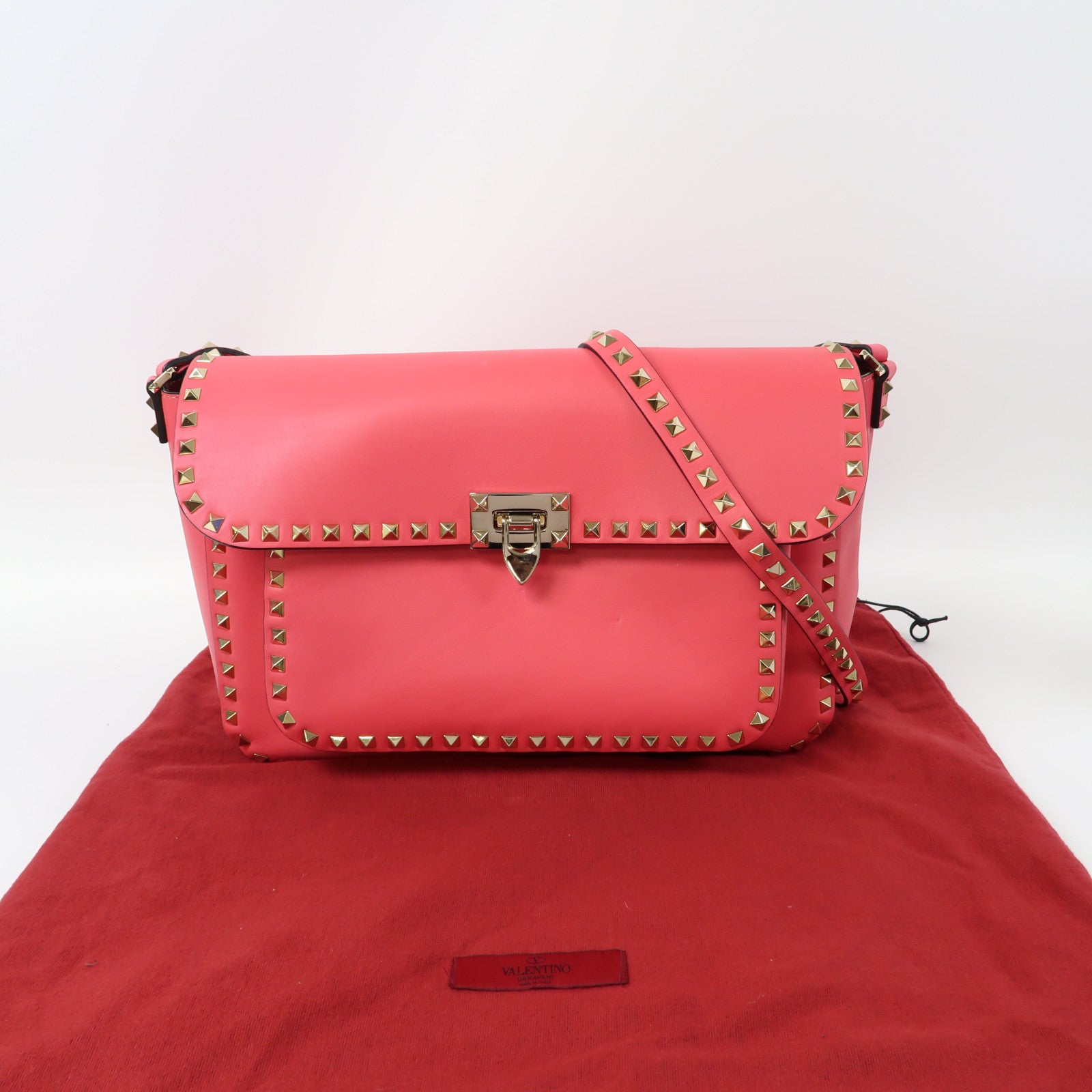 Valentino 【激減優惠】牛皮皮革Shoulder Bag金扣肩背袋粉紅色