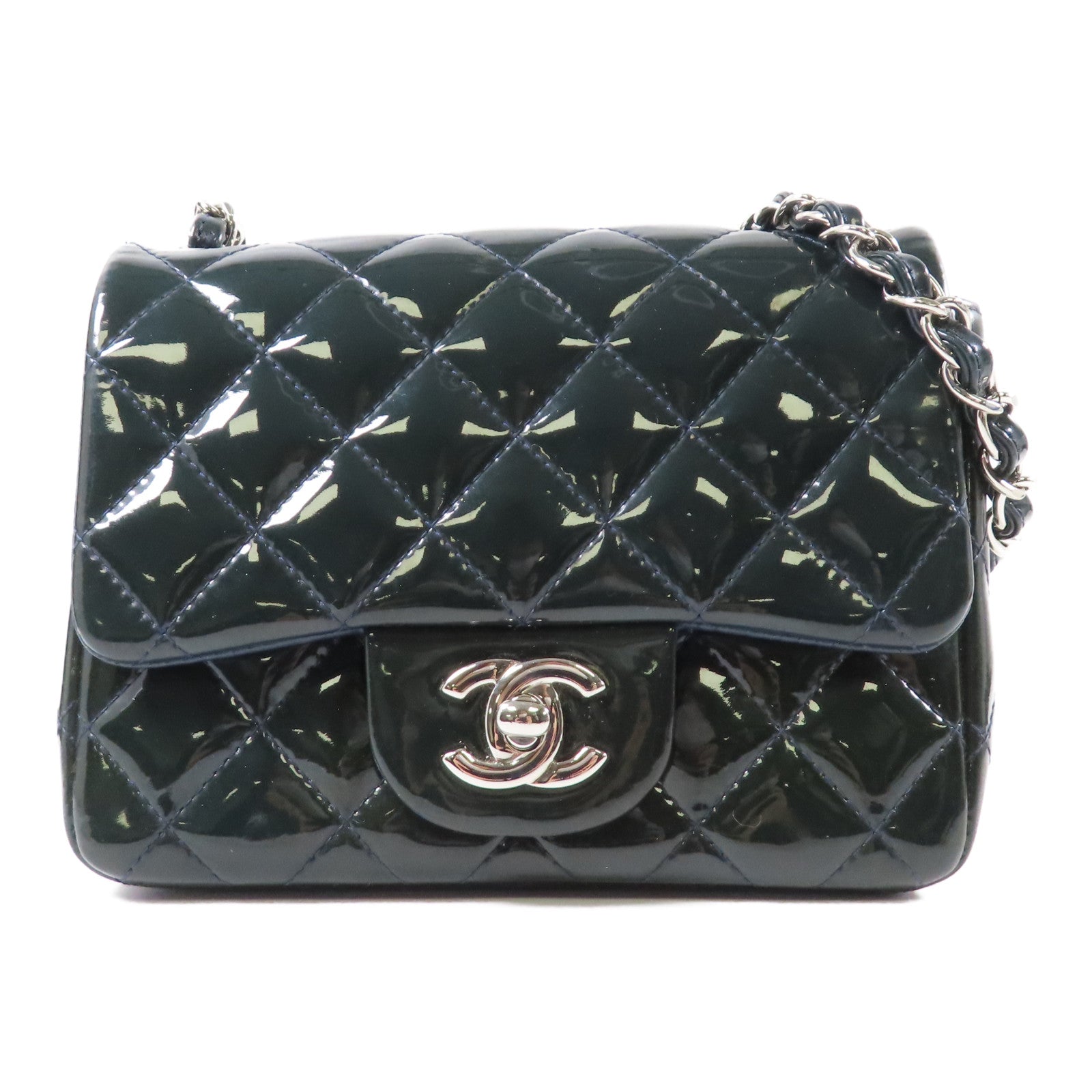 CHANEL 菱格漆皮皮革Chain Shoulder銀扣鏈帶肩背袋綠色