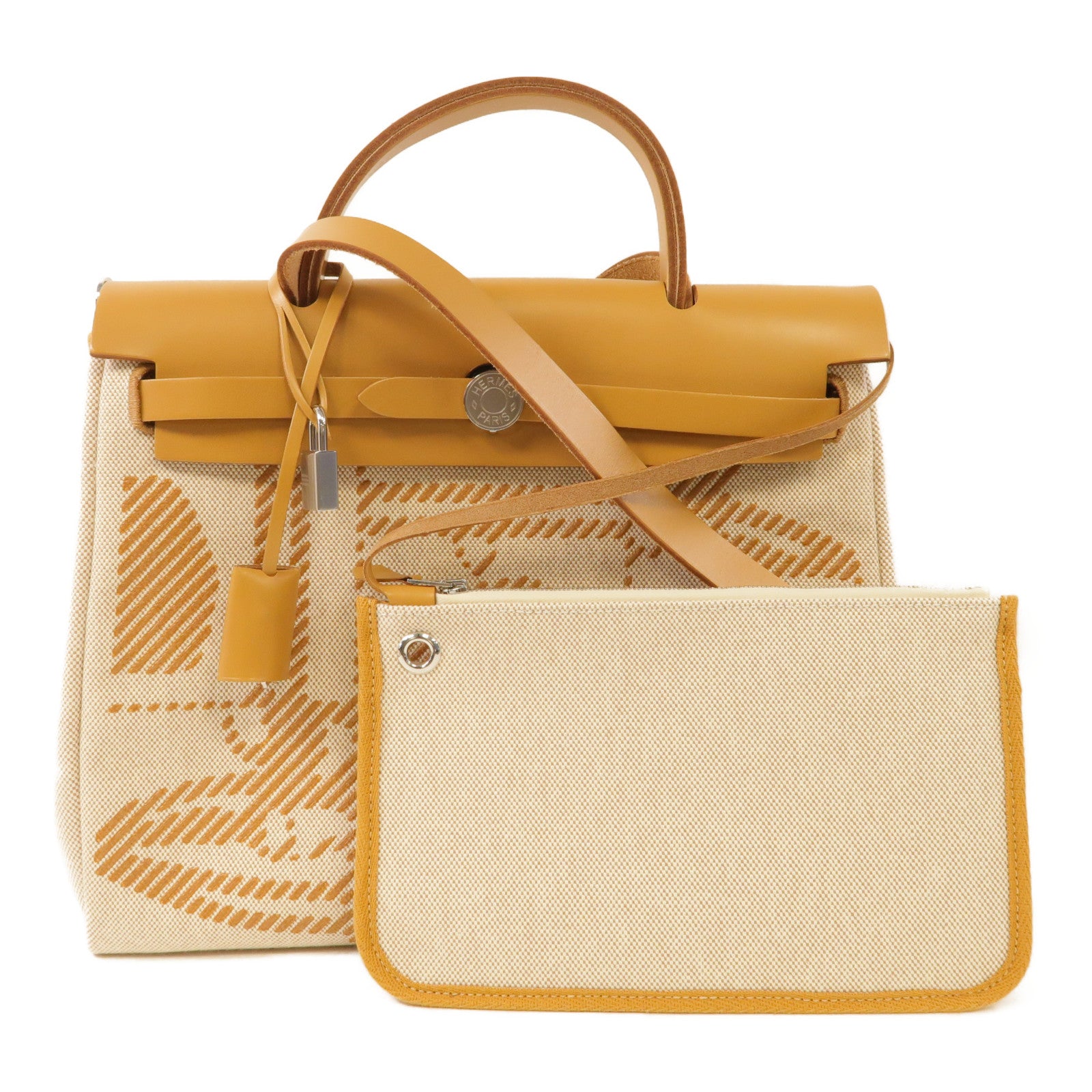 HERMES 帆布Herbag PM銀扣手挽肩背兩用袋米色/焦糖色