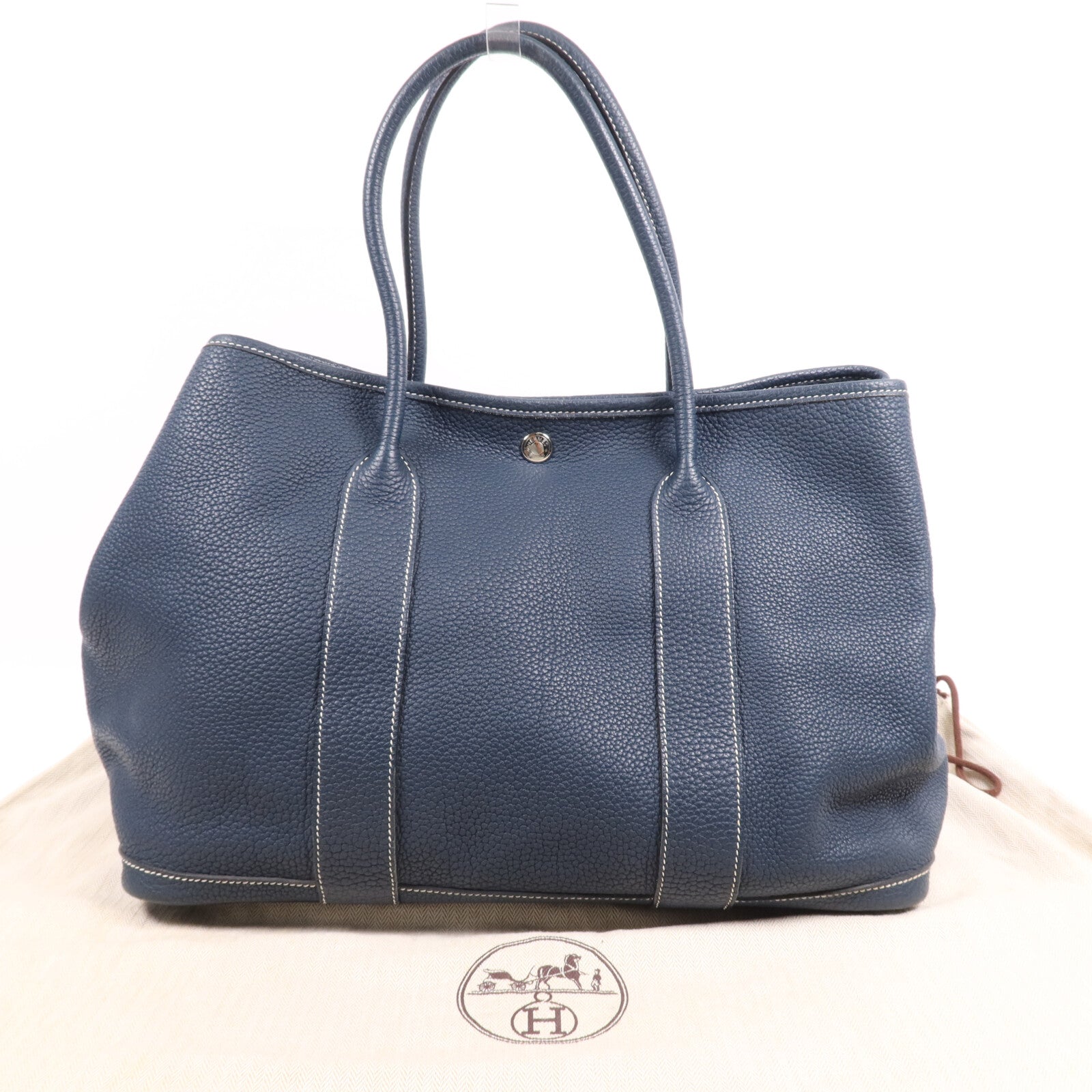 HERMES Negonda皮革Garden Party PM銀扣手挽袋Bleu de Prusse