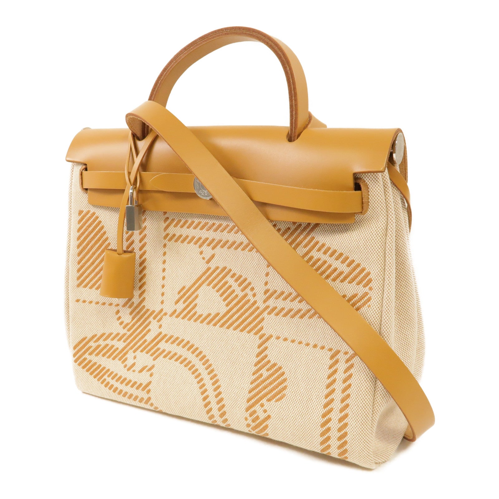 HERMES 帆布Herbag PM銀扣手挽肩背兩用袋米色/焦糖色