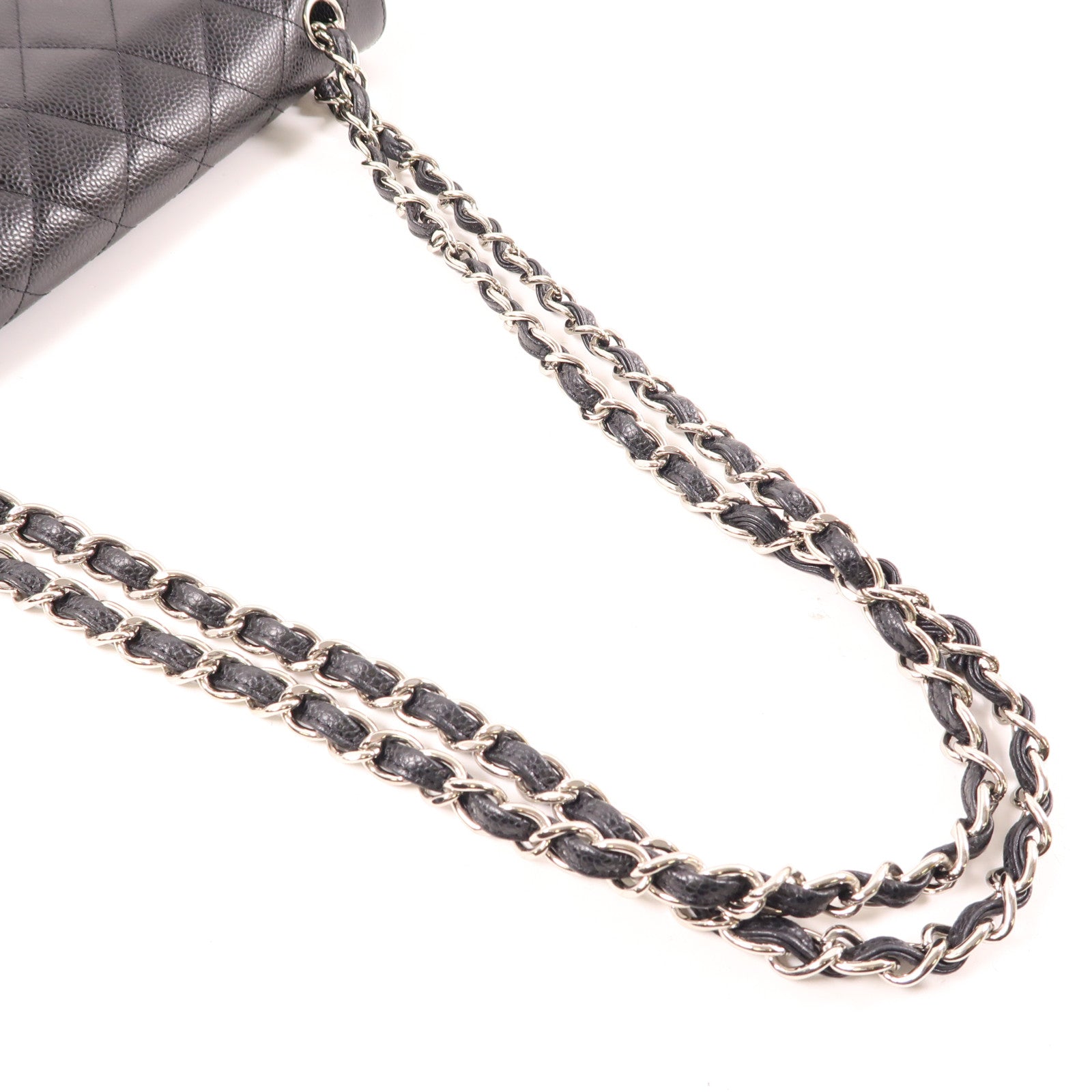 CHANEL 牛皮皮革Large Classic銀扣鏈帶肩背袋黑色