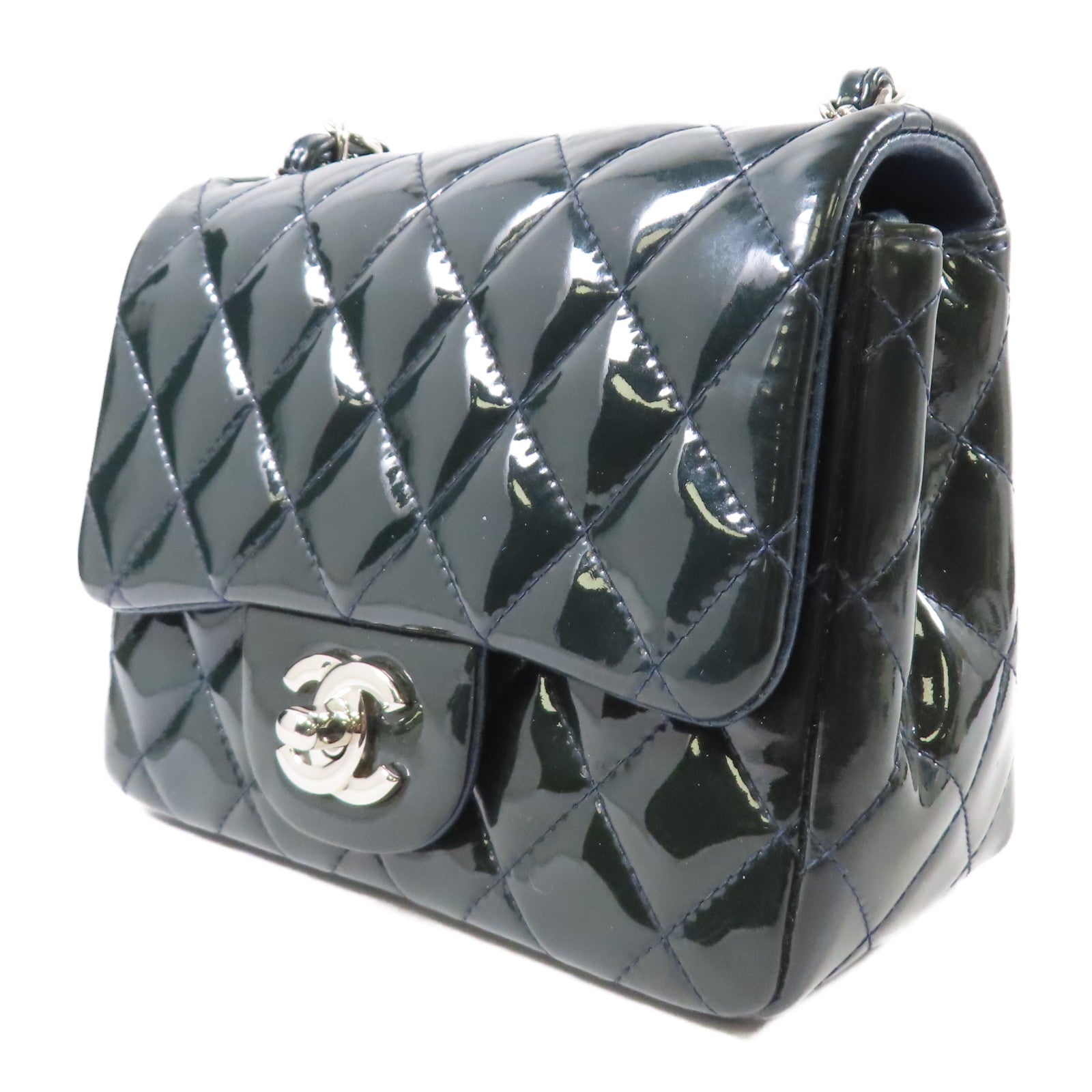 CHANEL 菱格漆皮皮革Chain Shoulder銀扣鏈帶肩背袋綠色