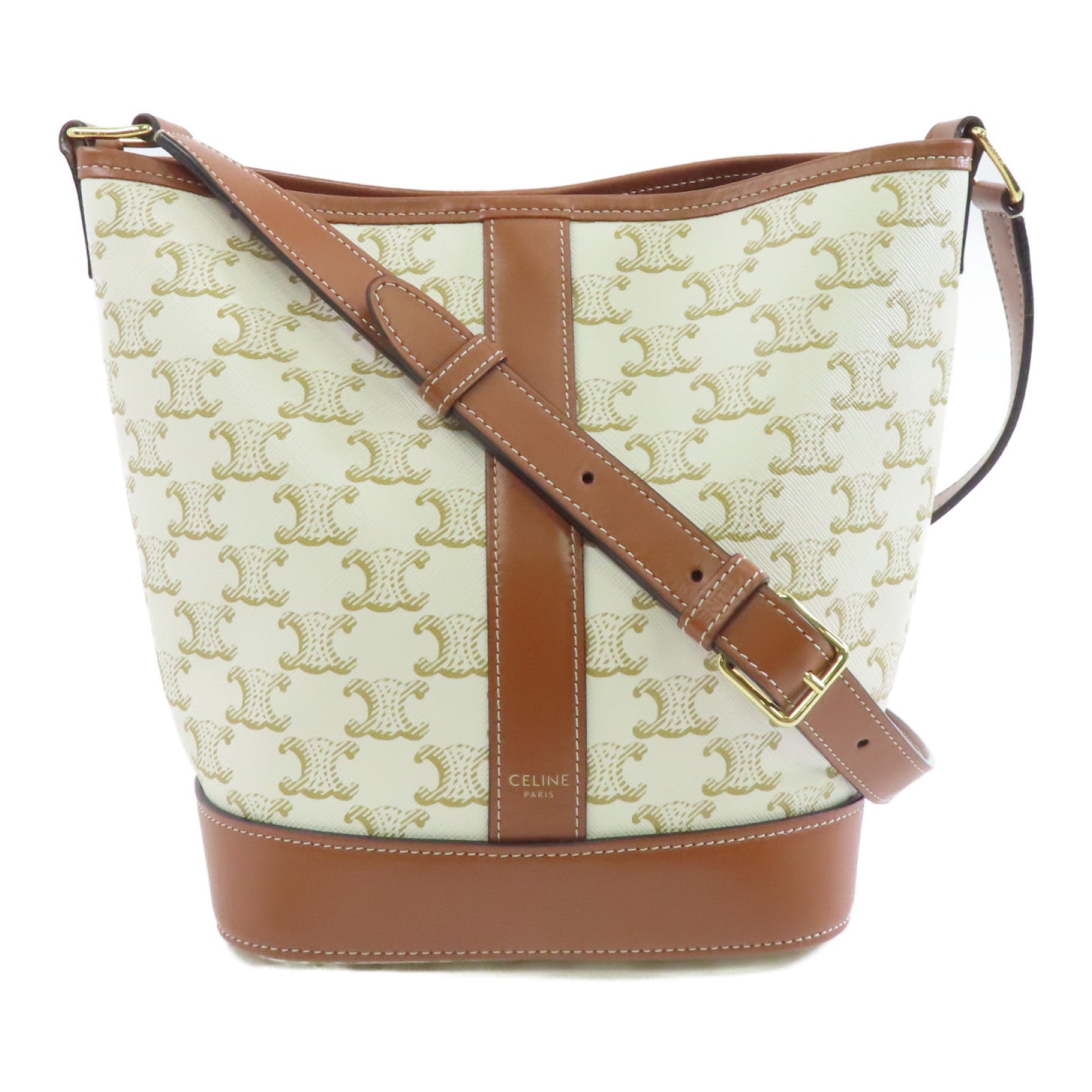 CELINE 塗層帆布Triomphe Bucket金扣肩背袋白色