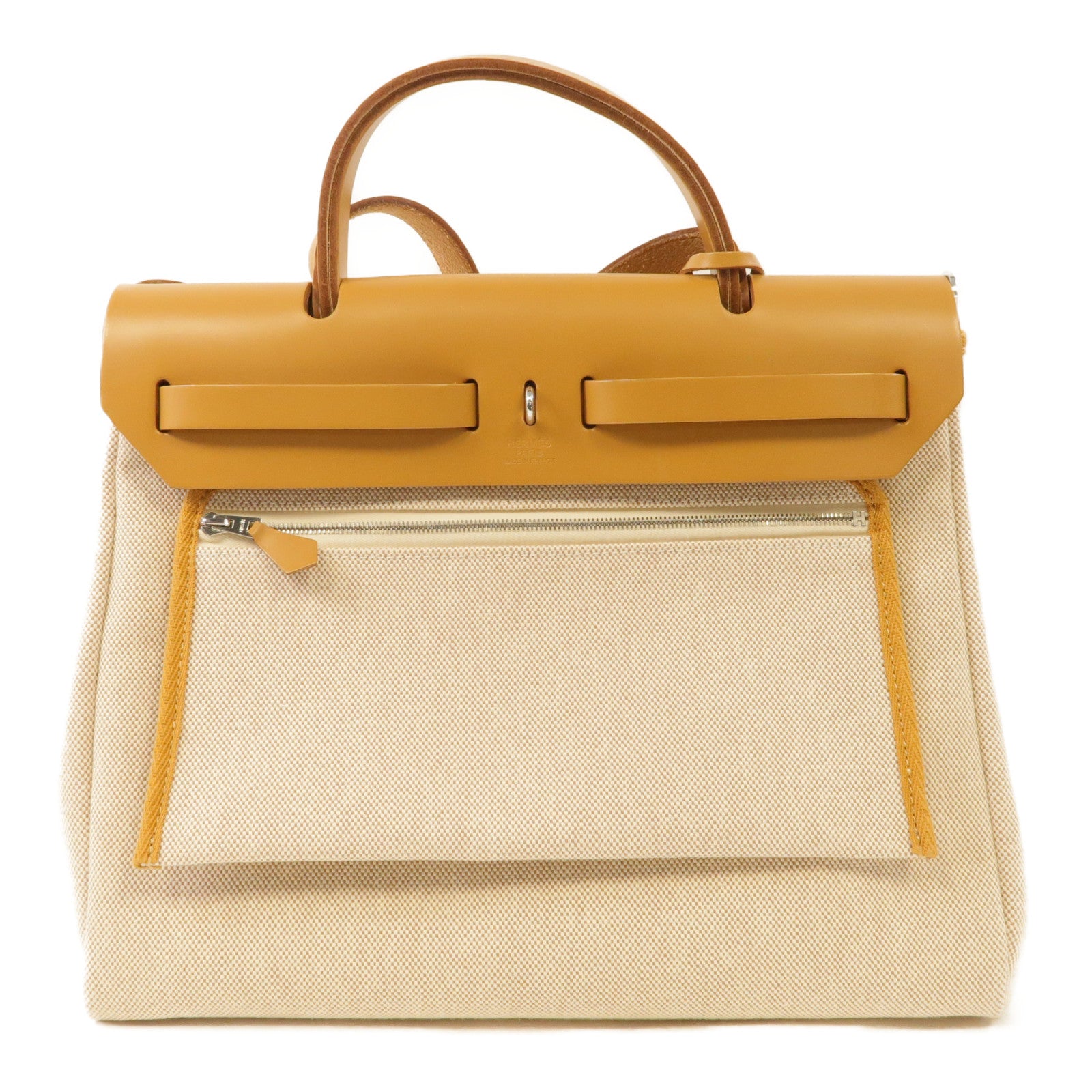 HERMES 帆布Herbag PM銀扣手挽肩背兩用袋米色/焦糖色