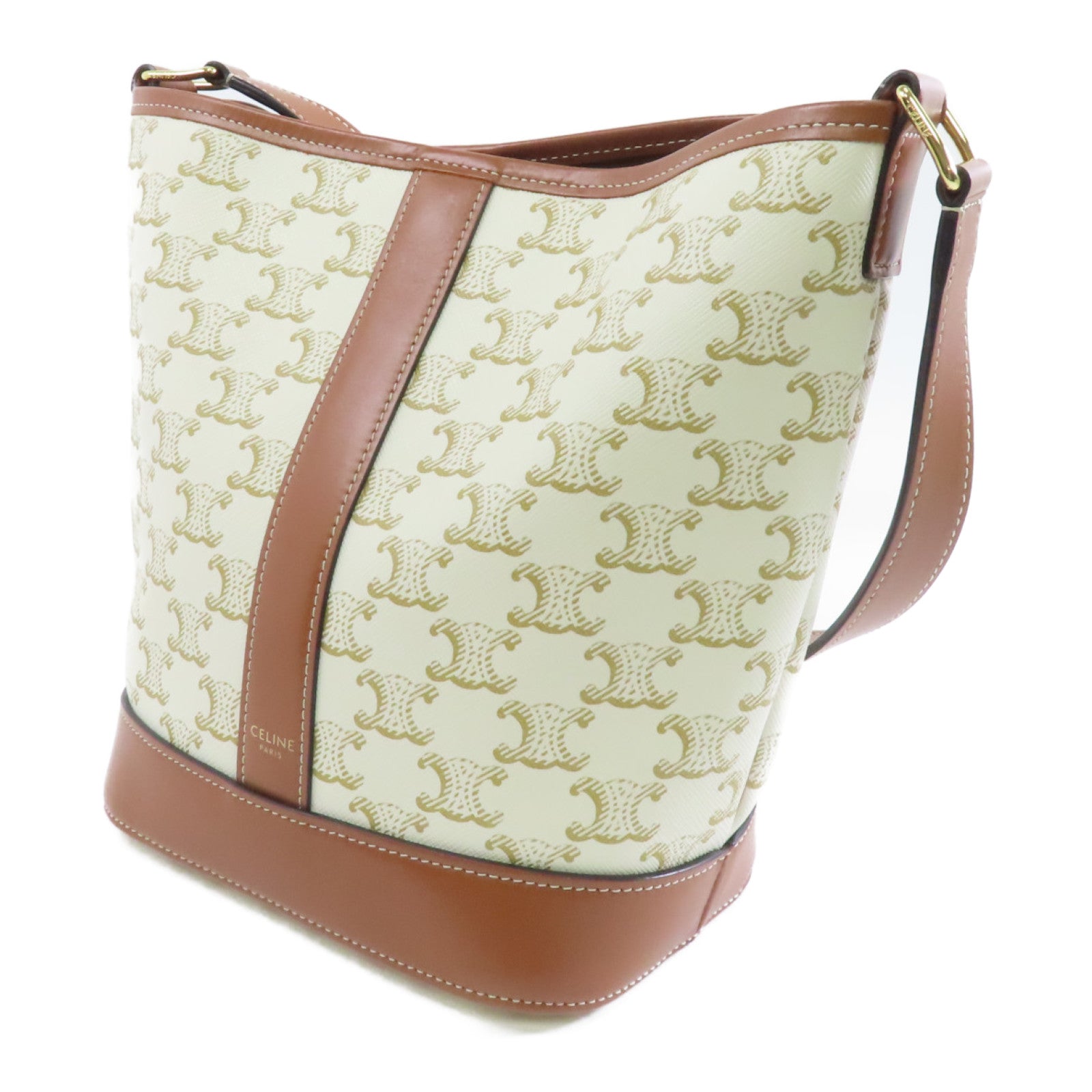 CELINE 塗層帆布Triomphe Bucket金扣肩背袋白色