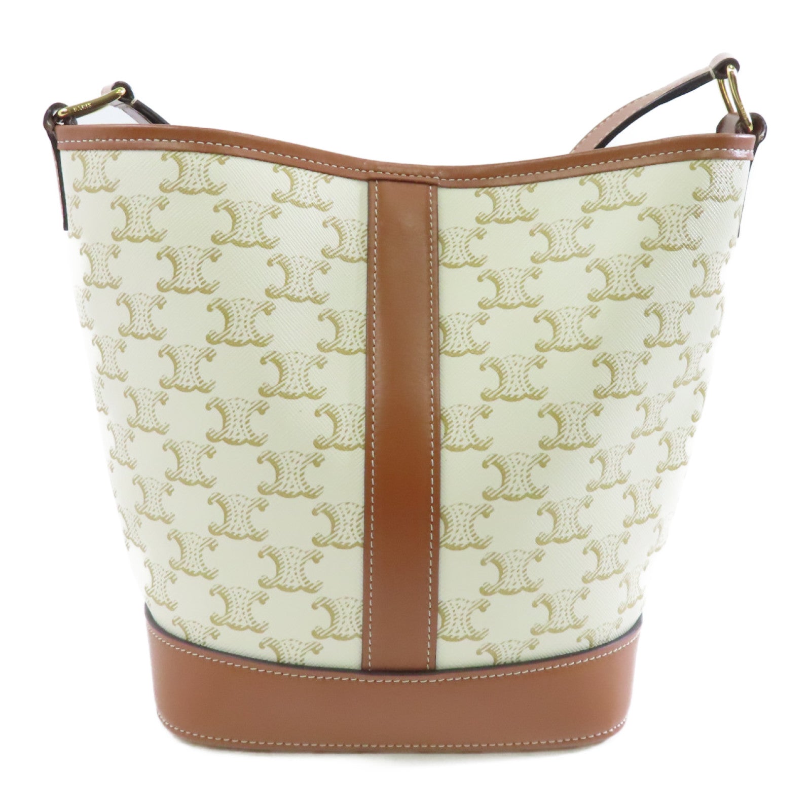 CELINE 塗層帆布Triomphe Bucket金扣肩背袋白色