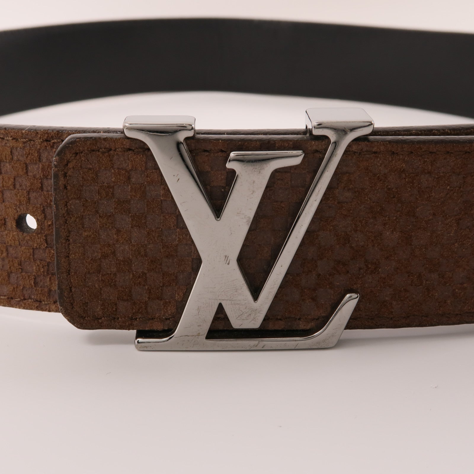 LOUIS VUITTON Micro Damier Belt銀扣腰帶棕色/黑色