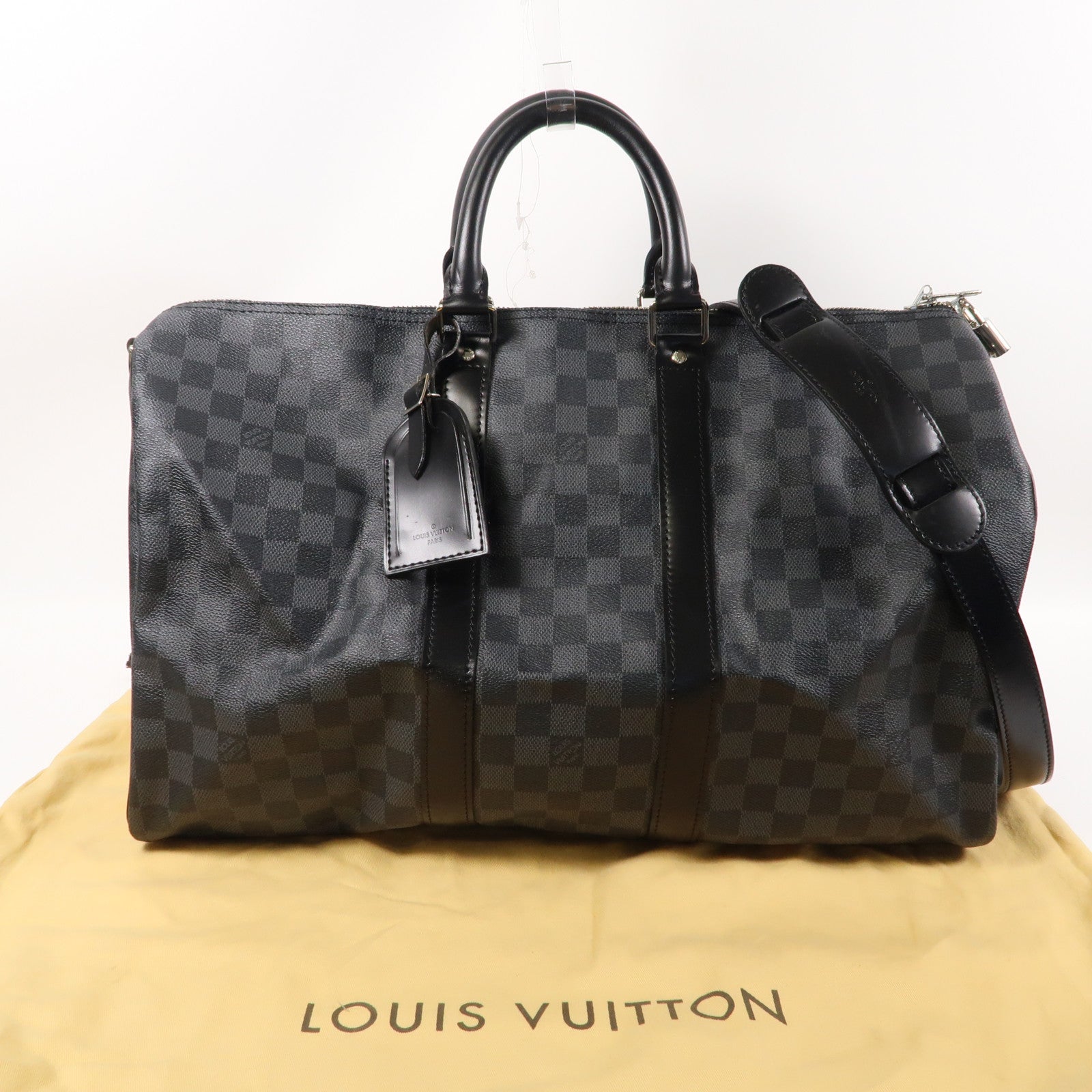 LOUIS VUITTON Damier Graphite Keepall Bandoulière 45銀扣波士頓包黑色