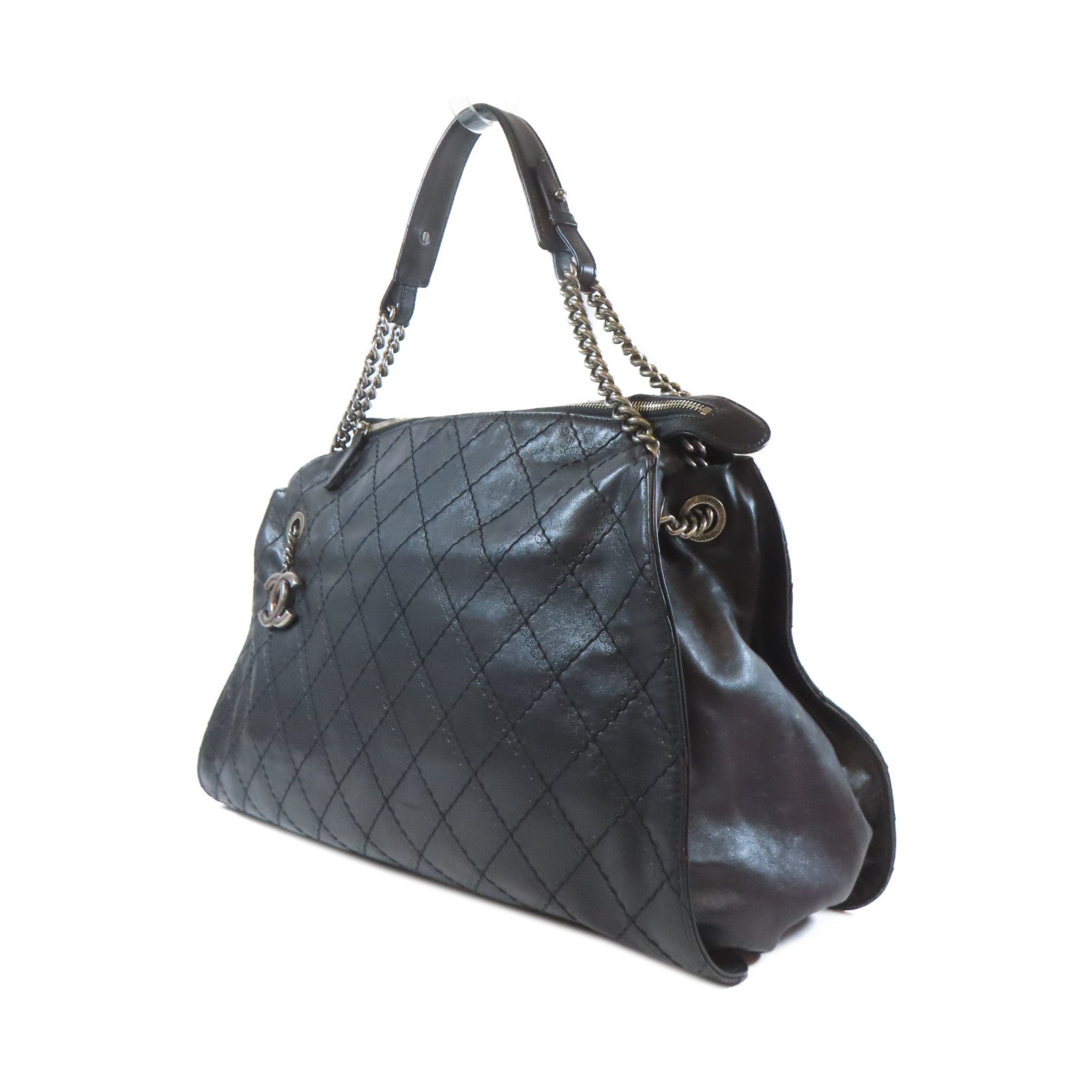 CHANEL 菱格牛皮皮革Shoulder Bag鏈帶肩背袋黑色