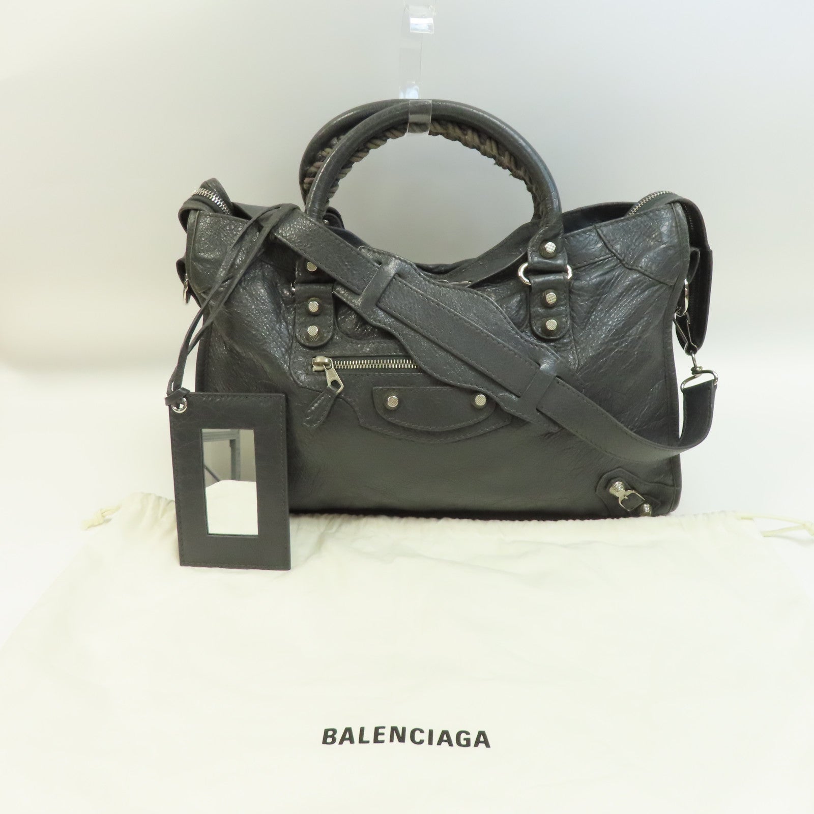 BALENCIAGA 牛皮皮革Giant City Bag銀扣手挽肩背兩用袋灰色