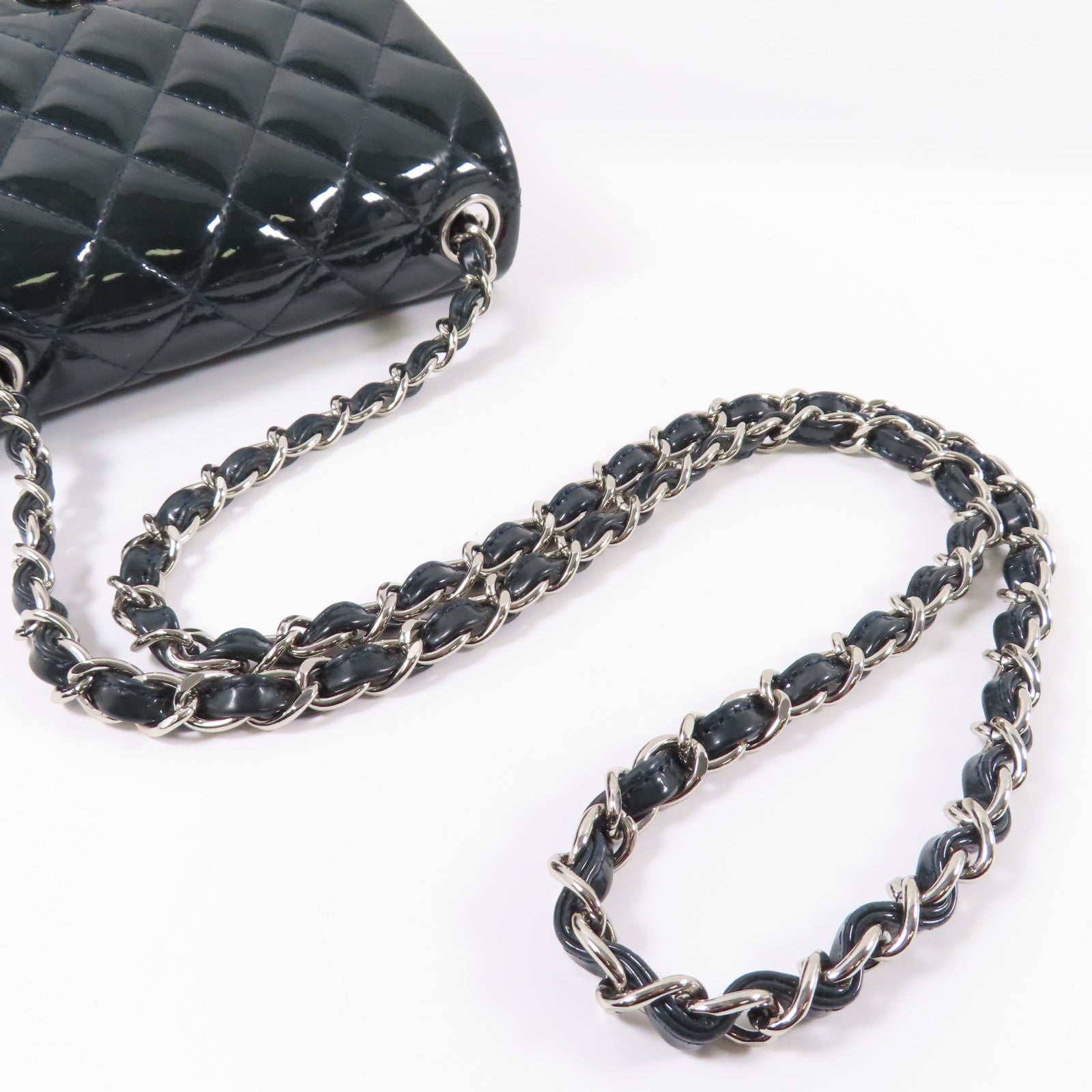 CHANEL 菱格漆皮皮革Chain Shoulder銀扣鏈帶肩背袋綠色