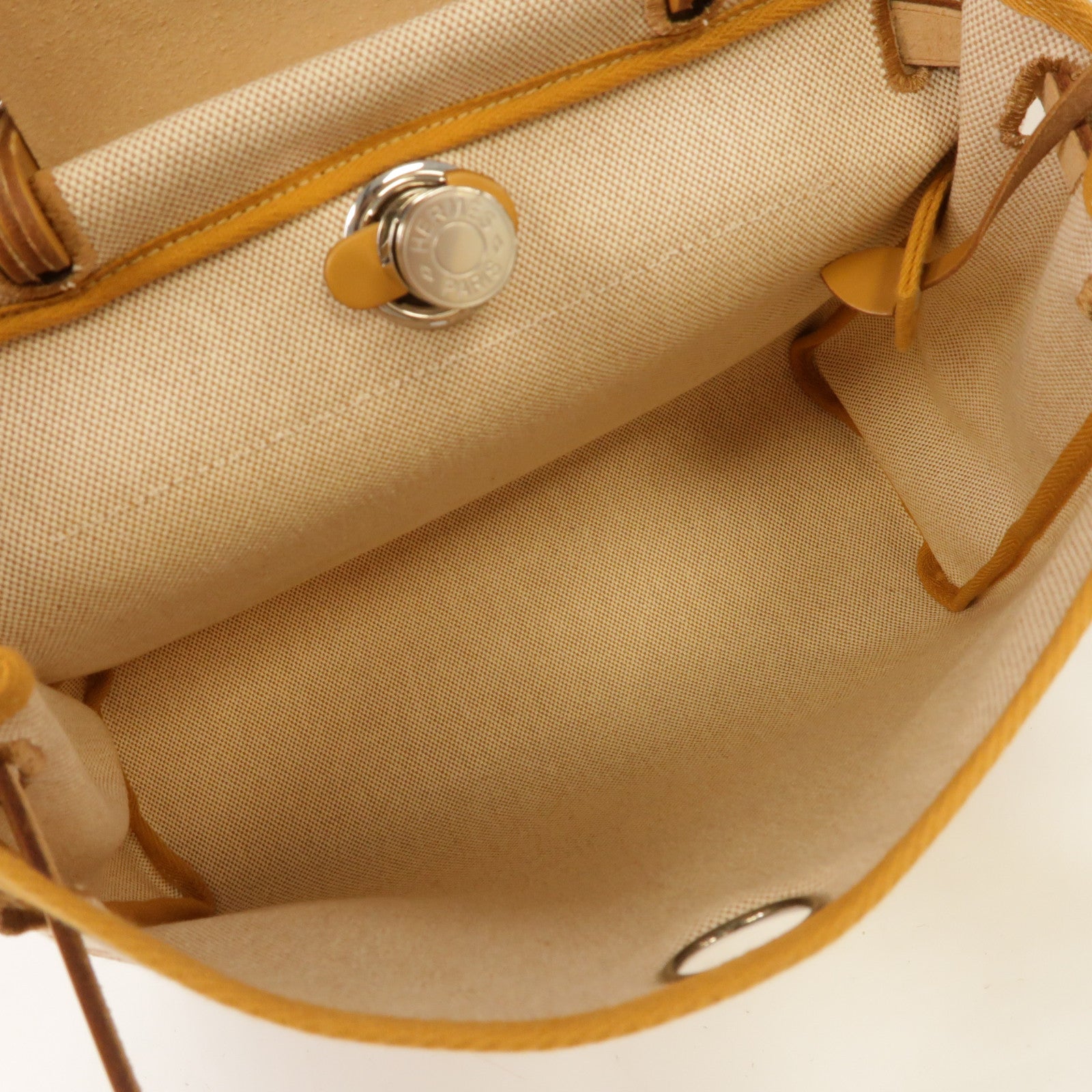 HERMES 帆布Herbag PM銀扣手挽肩背兩用袋米色/焦糖色