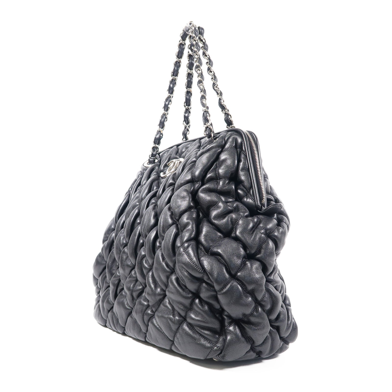 CHANEL 牛皮皮革Chain Shoulder銀扣鏈帶肩背袋黑色
