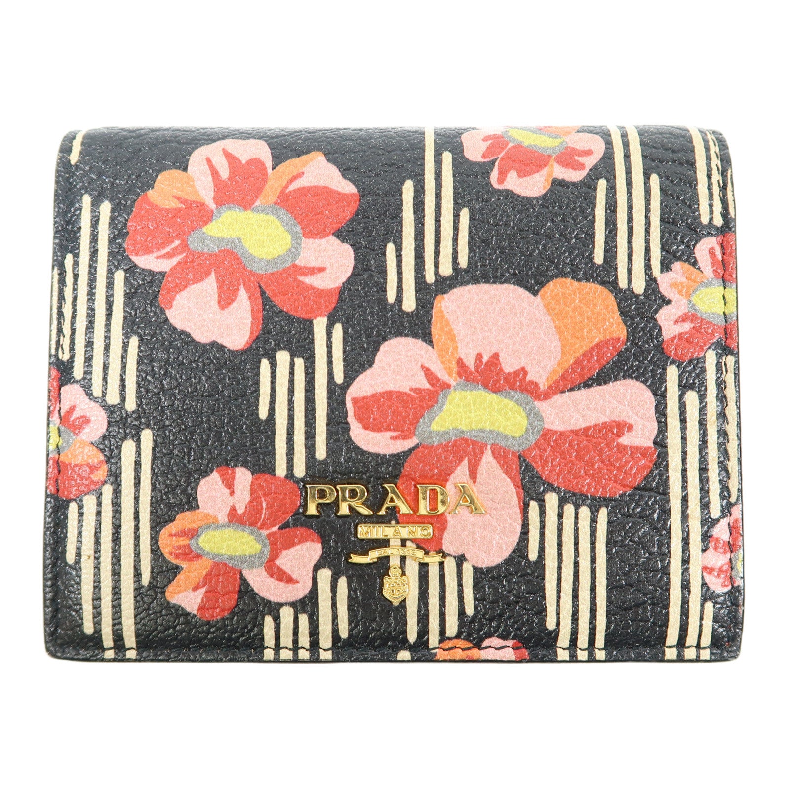 PRADA 【激減優惠】山羊皮皮革Wallet金扣錢包黑色/紅色