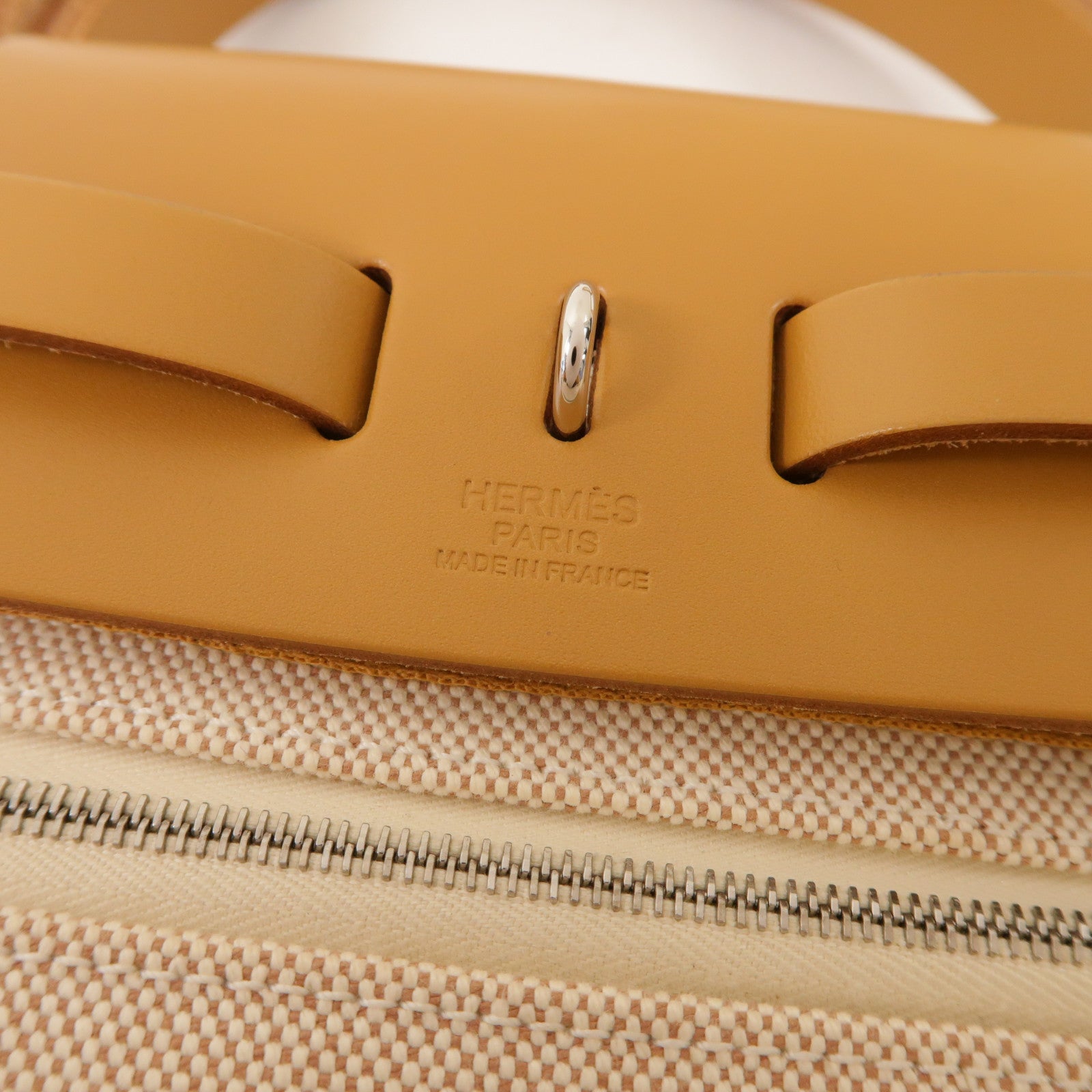 HERMES 帆布Herbag PM銀扣手挽肩背兩用袋米色/焦糖色