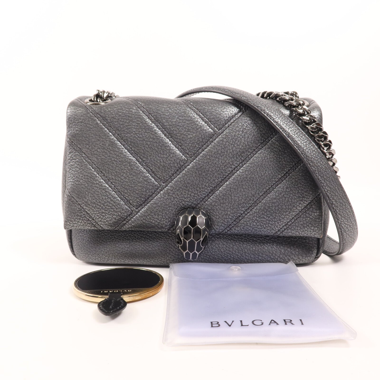 BVLGARI 牛皮皮革Flap Cover銀扣肩背袋