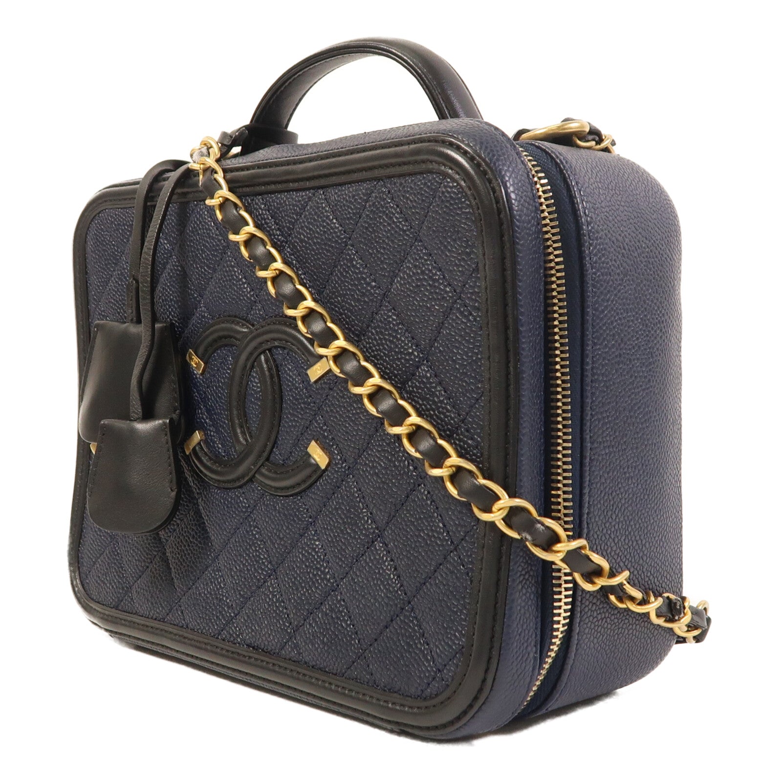 CHANEL 牛皮皮革Filigree Vanity Case金扣手挽肩背兩用袋