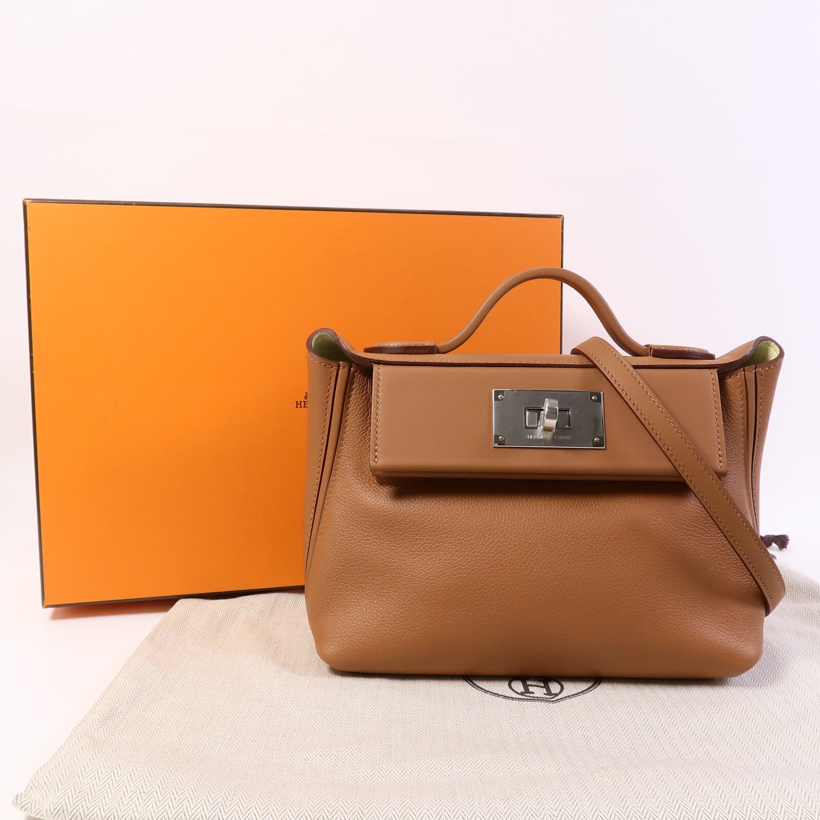 HERMES Evercolor/Swift皮革24/24 Mini手挽肩背兩用袋Gold/Jaune Milton