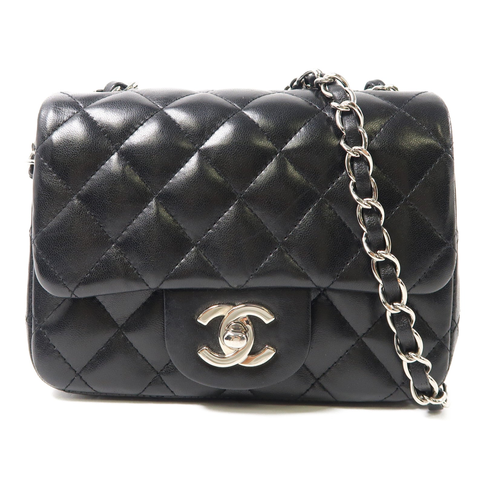 CHANEL 菱格羊皮皮革Mini Classic 17銀扣肩背袋黑色