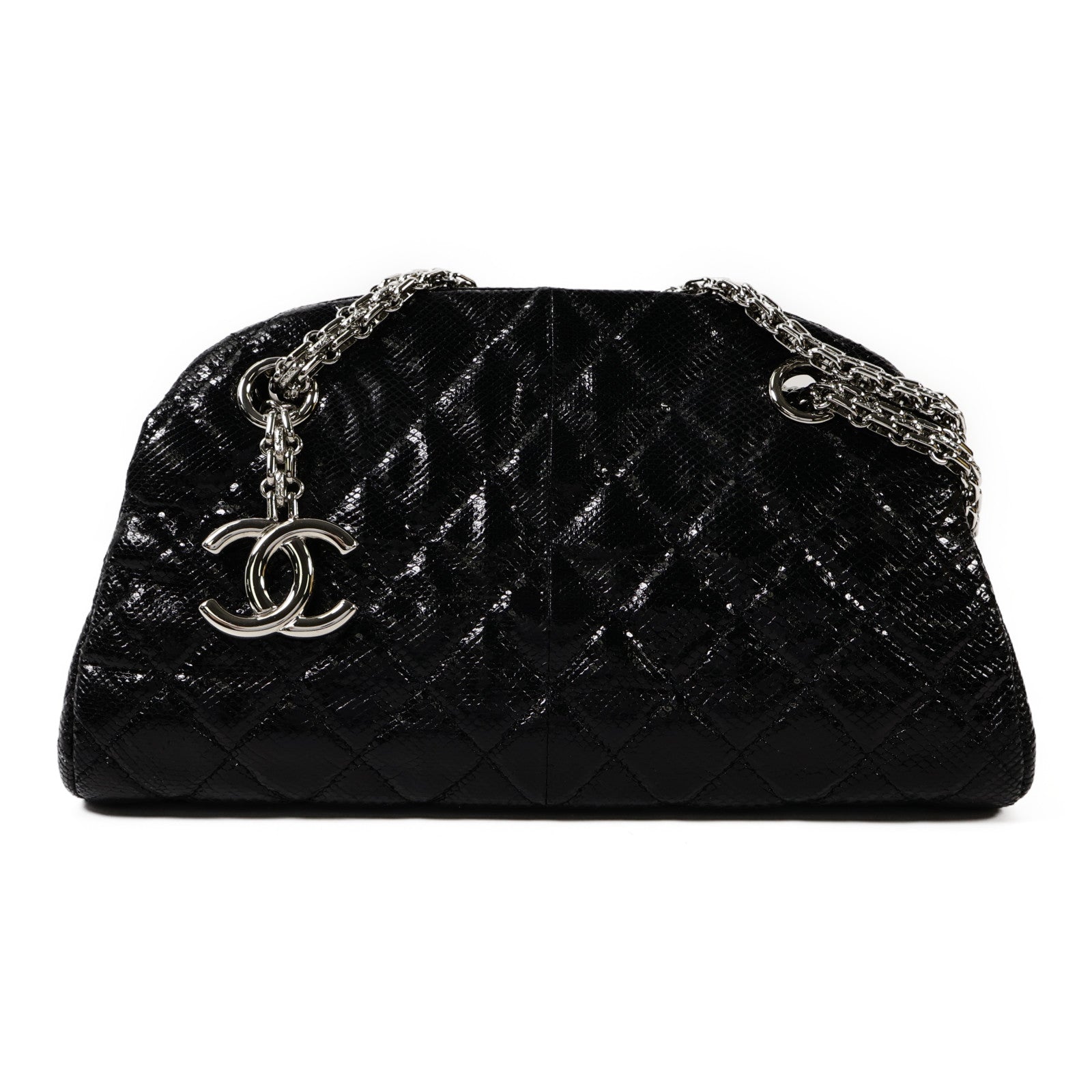 CHANEL 蜥蝪皮革Chain Shoulder銀扣鏈帶肩背袋