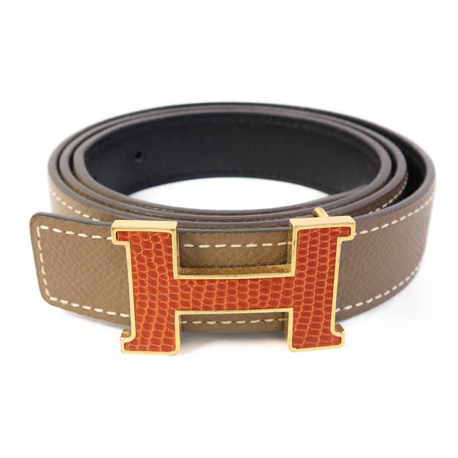 HERMES Epsom/Lizard皮革H Belt金扣皮帶Noir/Etoupe