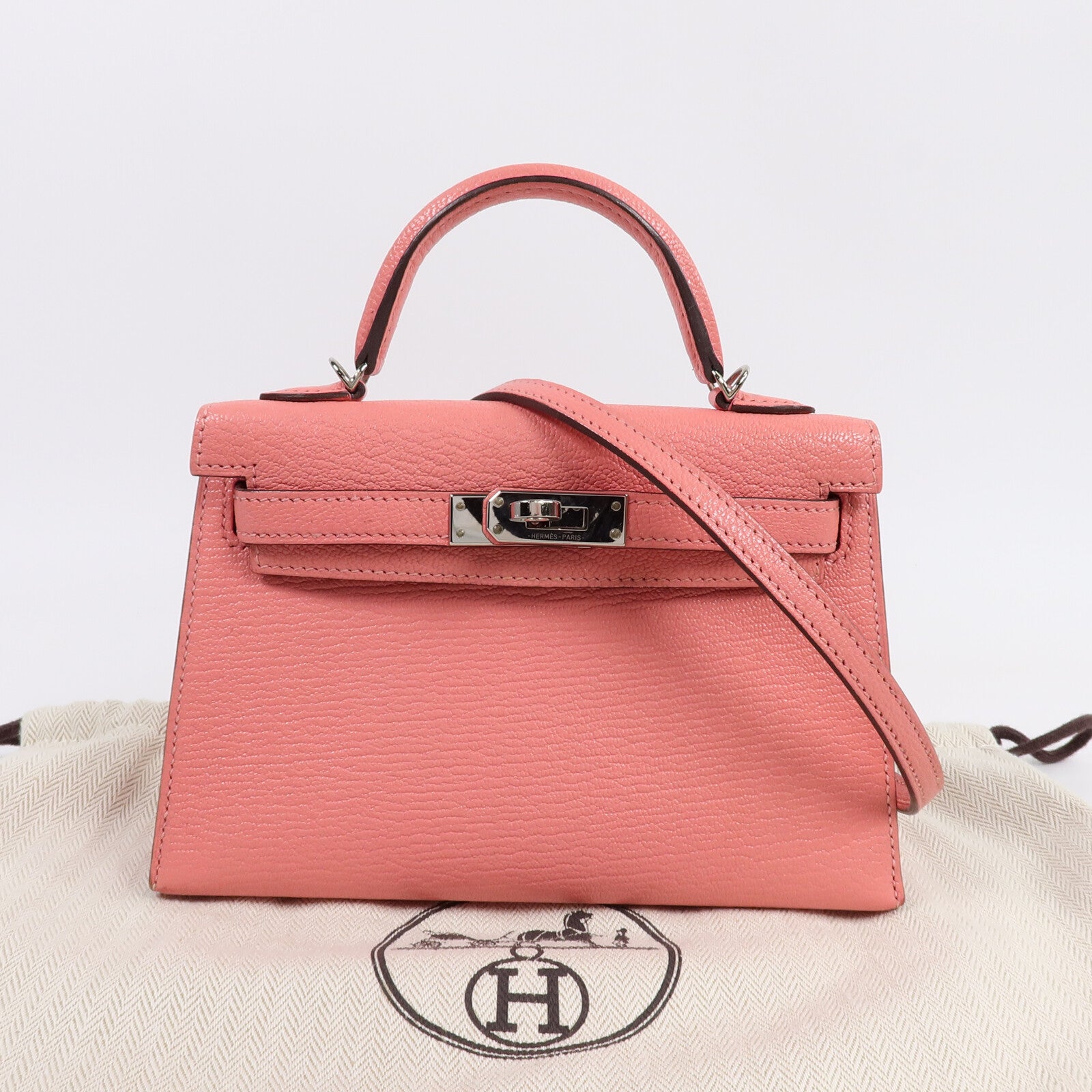 HERMES Chevre皮革Mini Kelly II手挽肩背兩用袋Rose Azalee