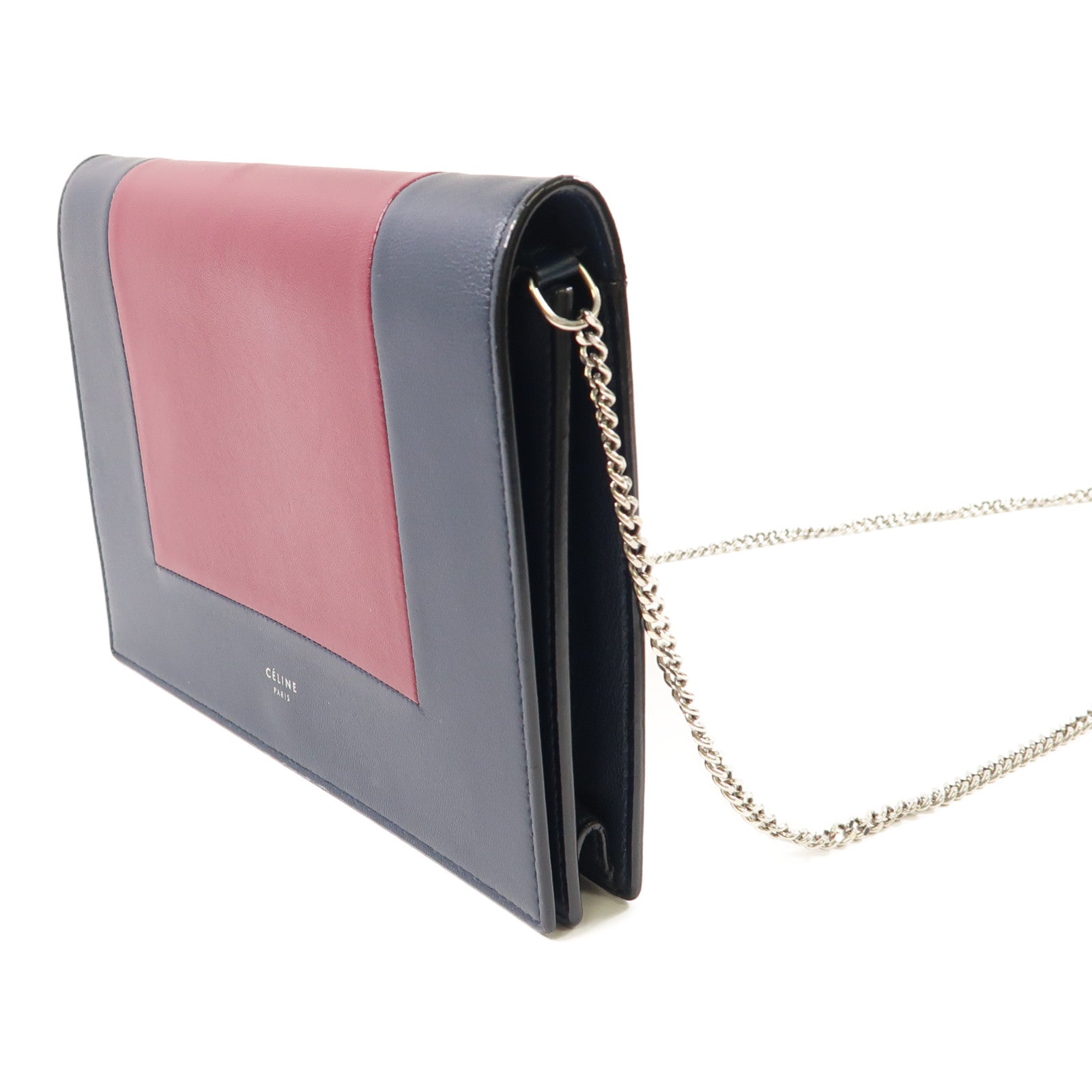 CELINE 羊皮皮革Frame Wallet On Strap銀扣鏈帶肩背袋