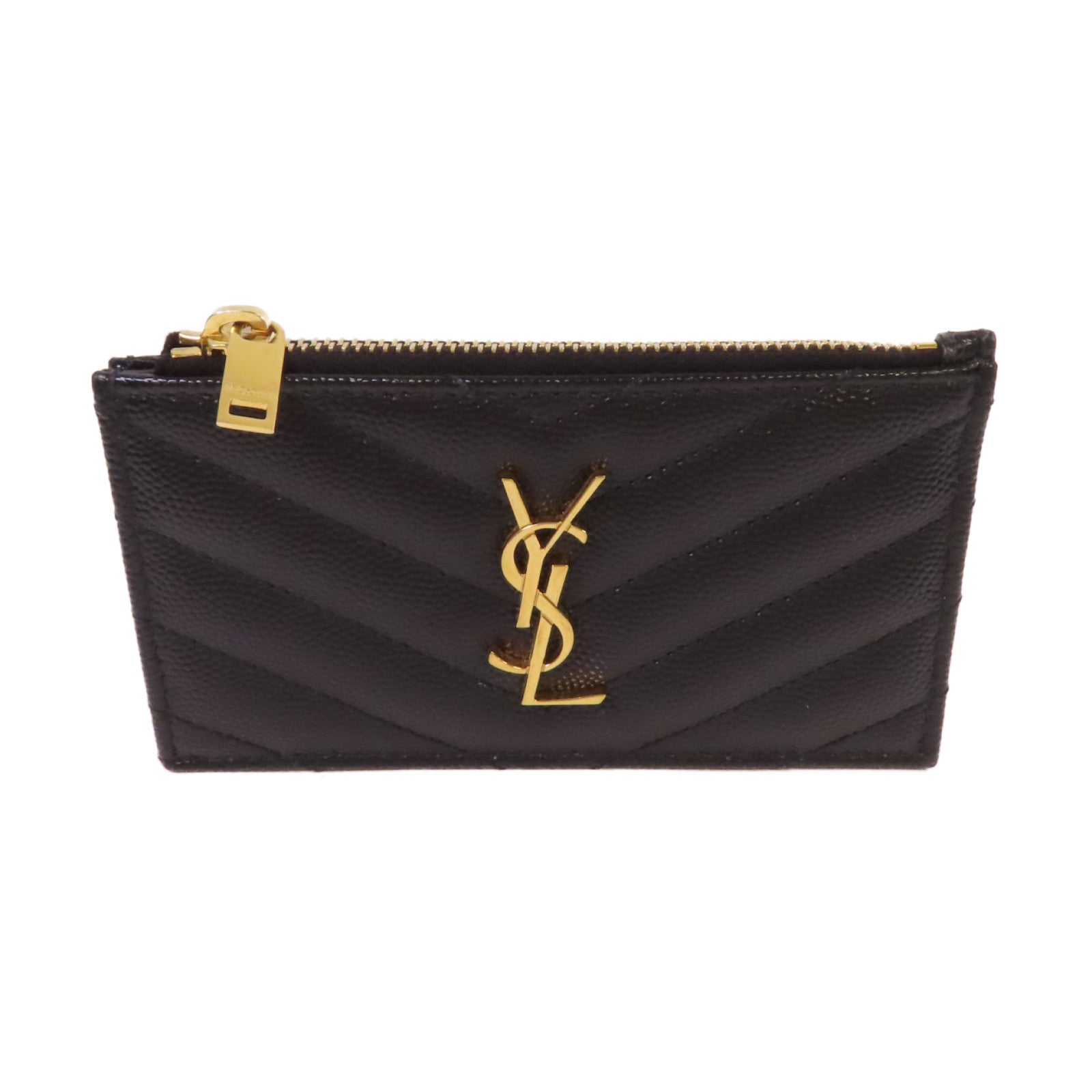 SAINT LAURENT 斜紋牛皮皮革Card Case金扣卡片套黑色