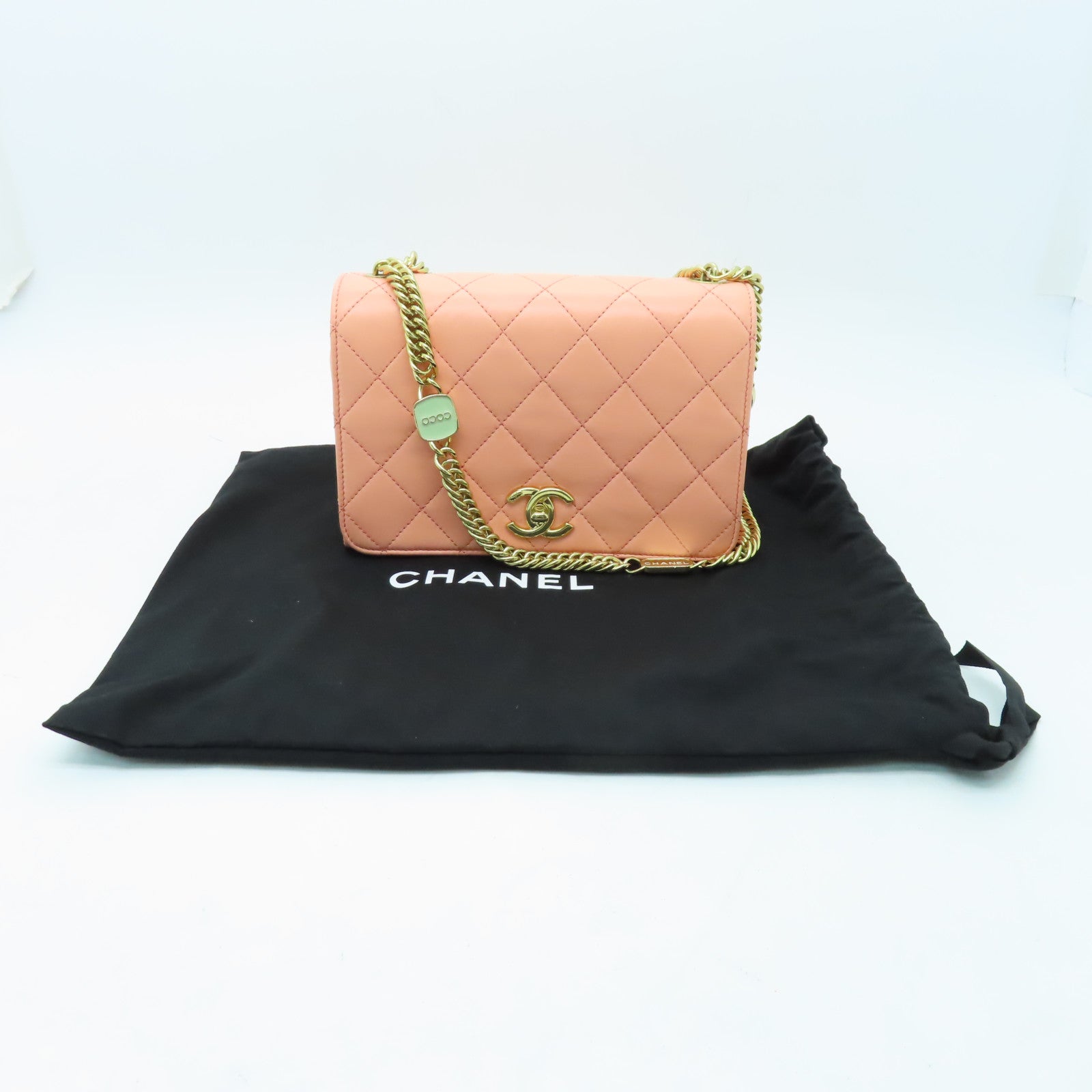 CHANEL 【激減優惠】菱格羊皮皮革Chain Shoulder金扣鏈帶肩背袋橙色