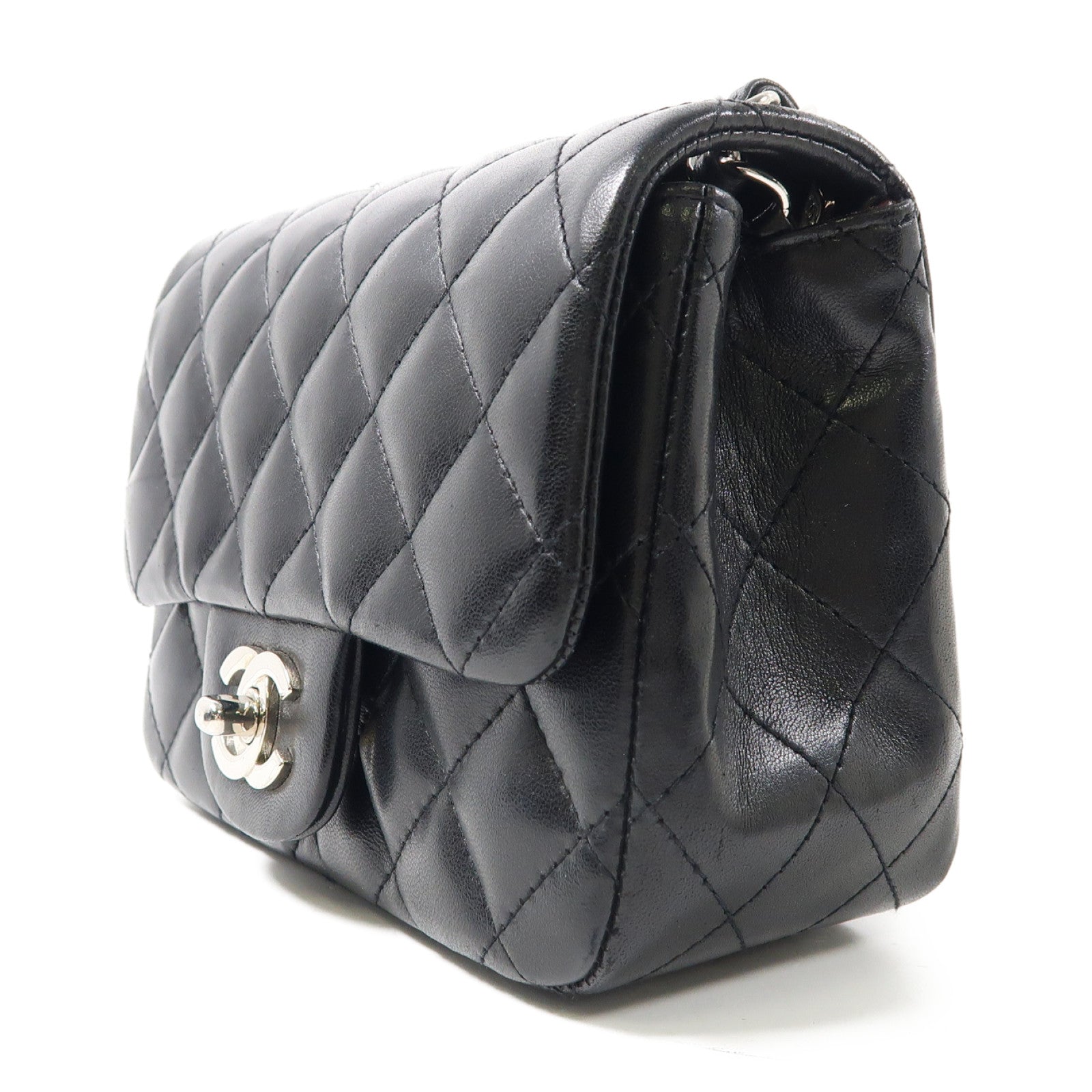 CHANEL 菱格羊皮皮革Mini Classic 17銀扣肩背袋黑色