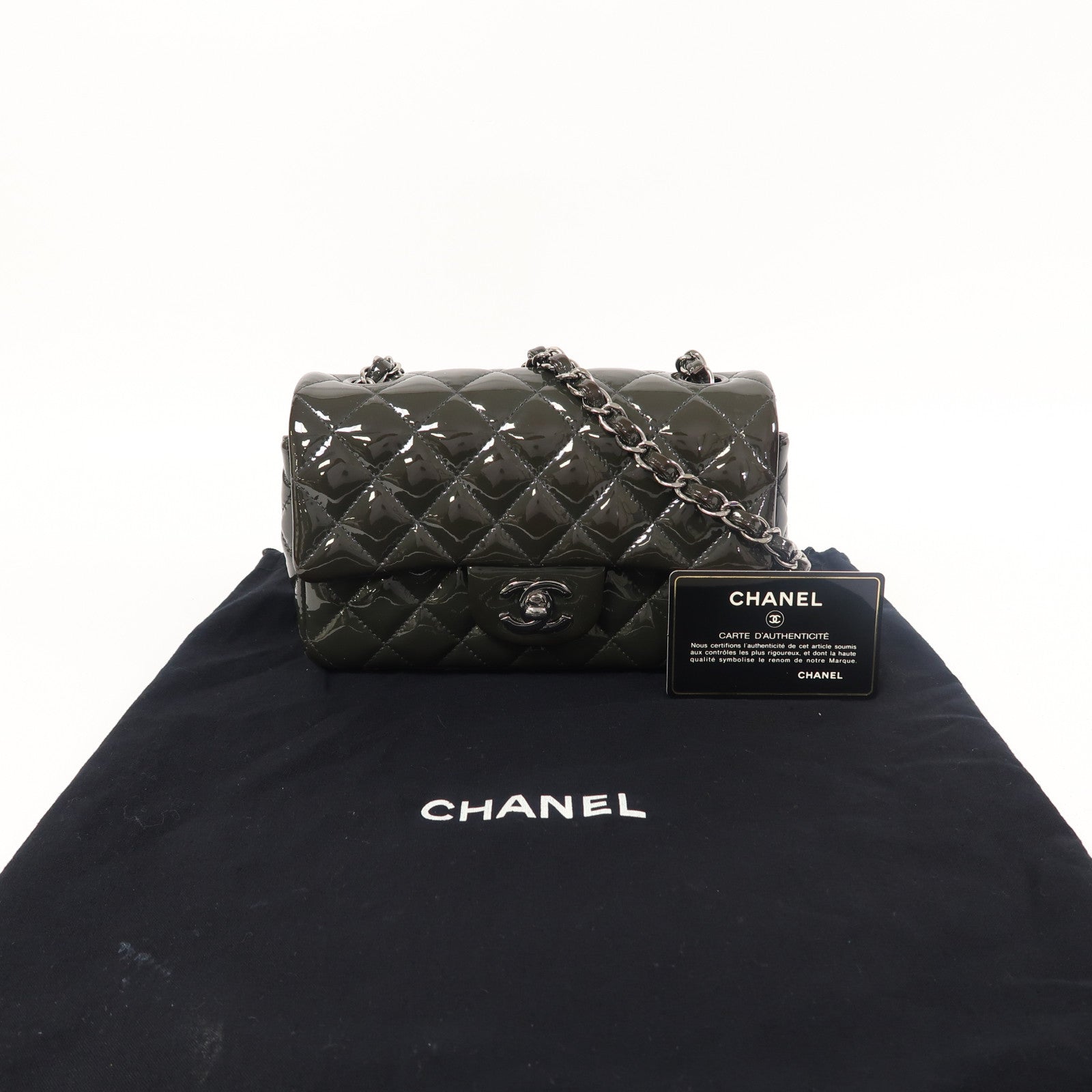 CHANEL 菱格漆皮皮革Classic Flap 20銀扣鏈帶肩背袋綠色