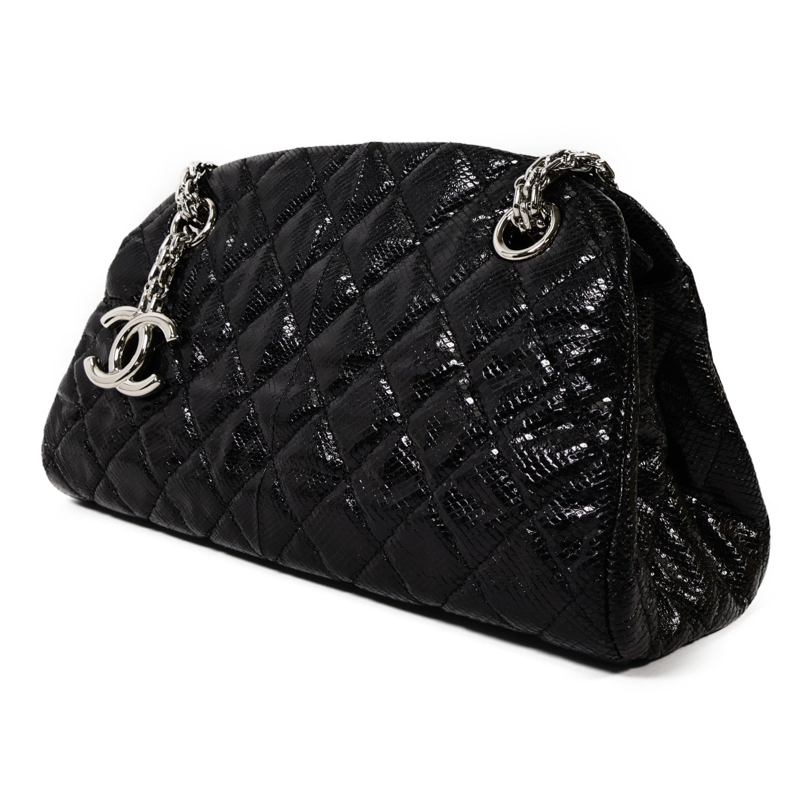 CHANEL 蜥蝪皮革Chain Shoulder銀扣鏈帶肩背袋