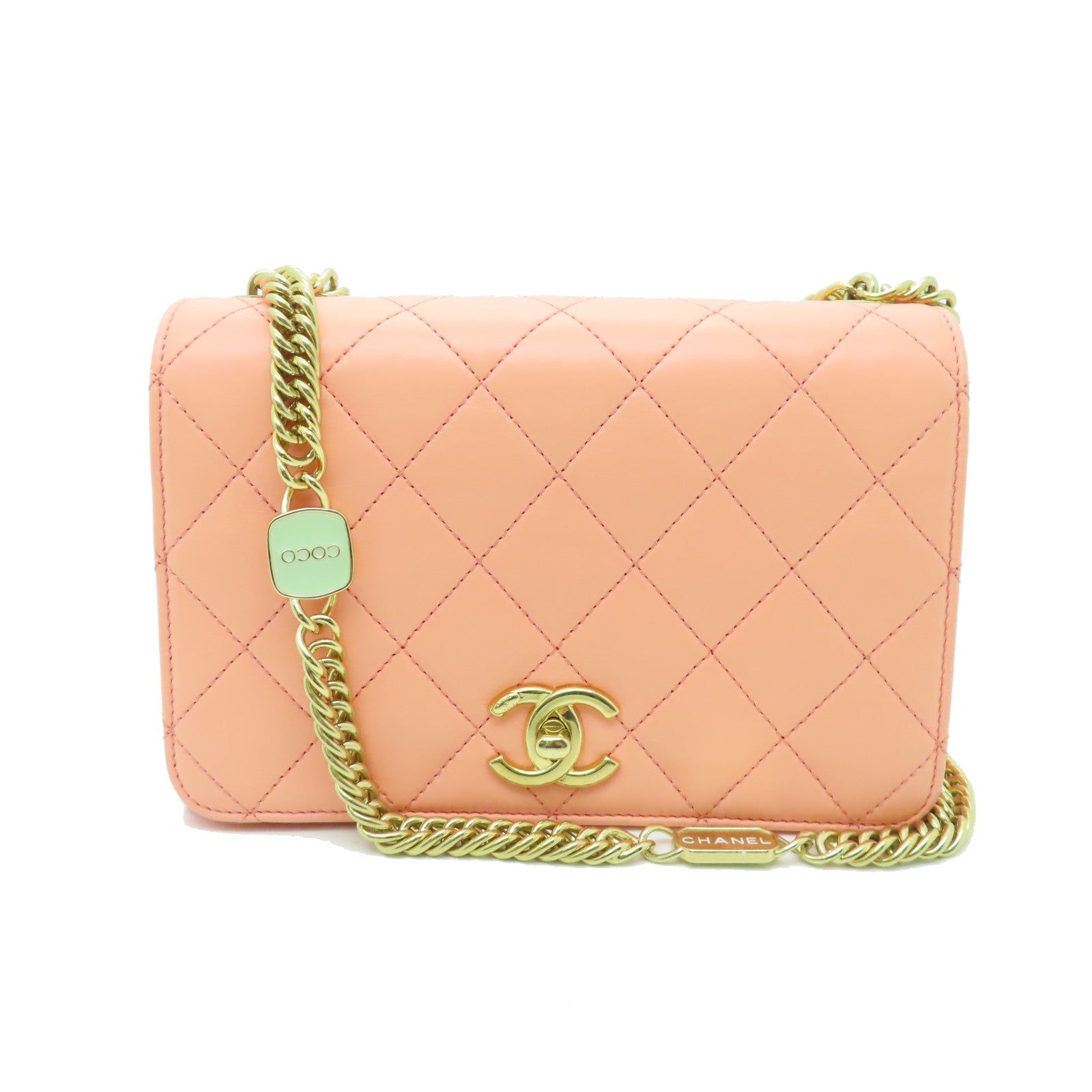 CHANEL 【激減優惠】菱格羊皮皮革Chain Shoulder金扣鏈帶肩背袋橙色